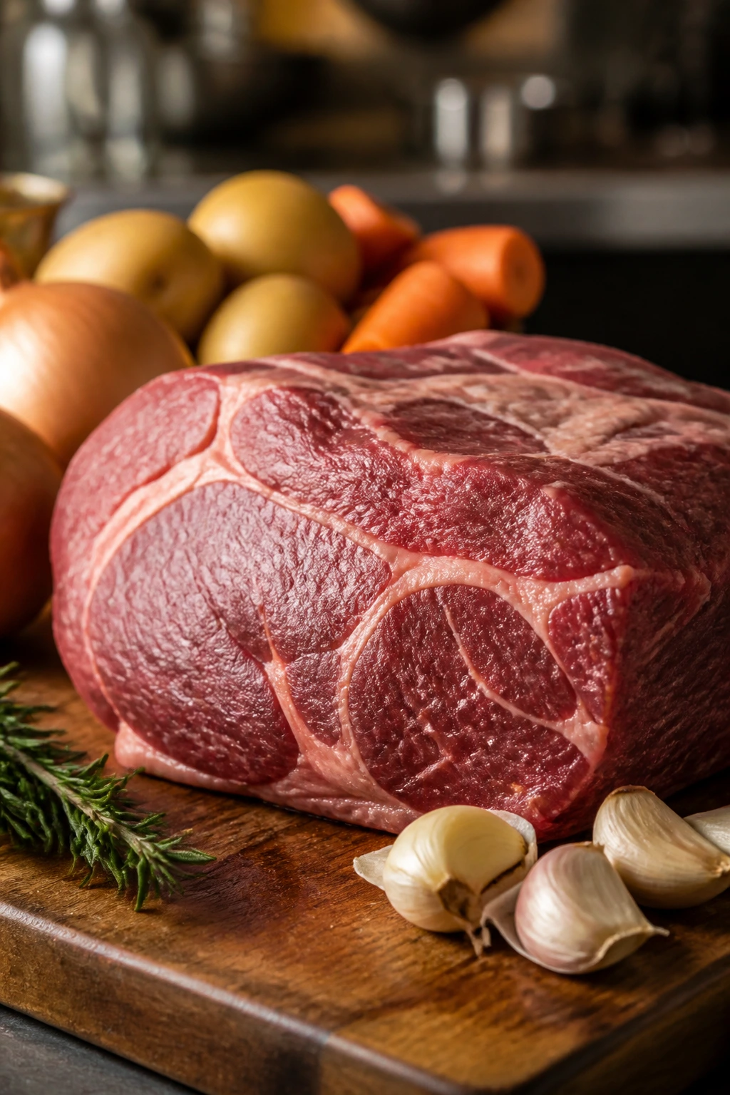 Beef chuck roast with aromatics in warm kitchen