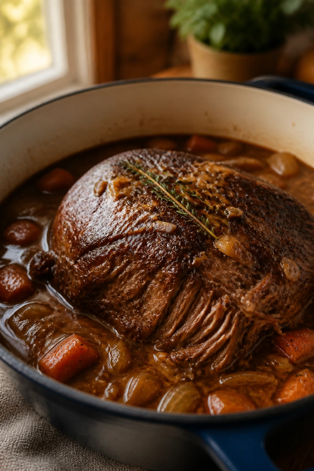Close-up of braised beef chuck roast in a Dutch oven with gravy and vegetables.