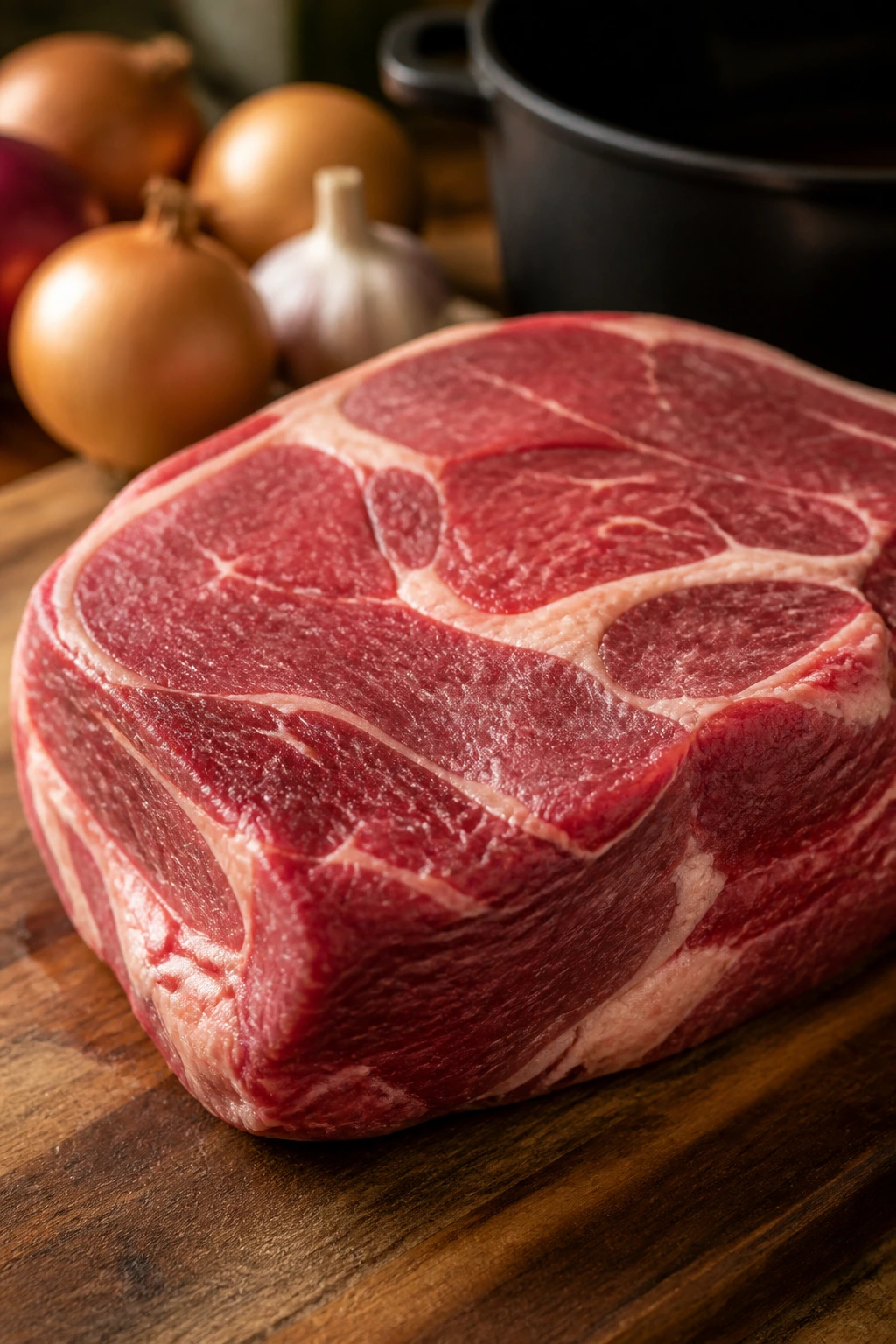Marbled beef chuck roast on cutting board with aromatic background