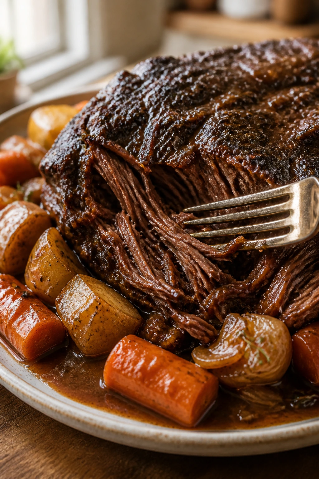 Fork-tender beef chuck pot roast with vegetables in red-wine gravy filling a plate