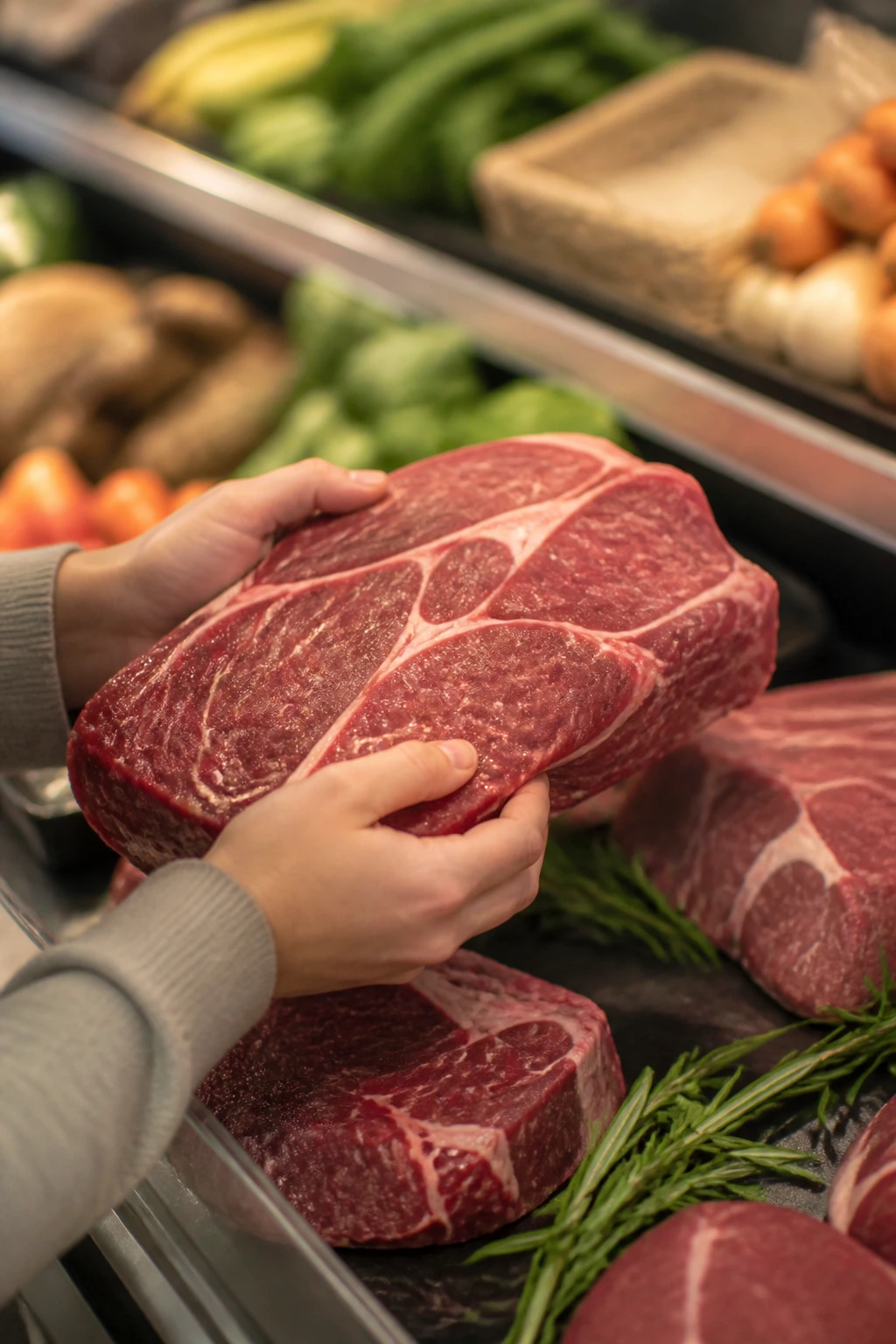 Hands selecting beef chuck roast at a butcher counter