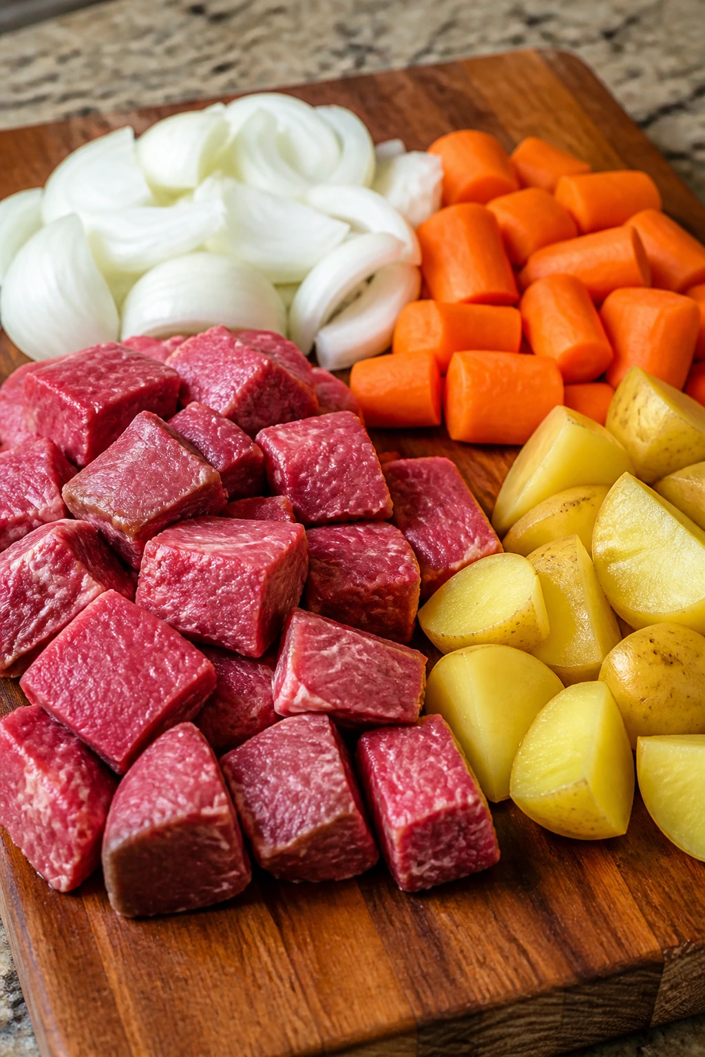 Raw beef chuck roast cubes with vegetables on cutting board