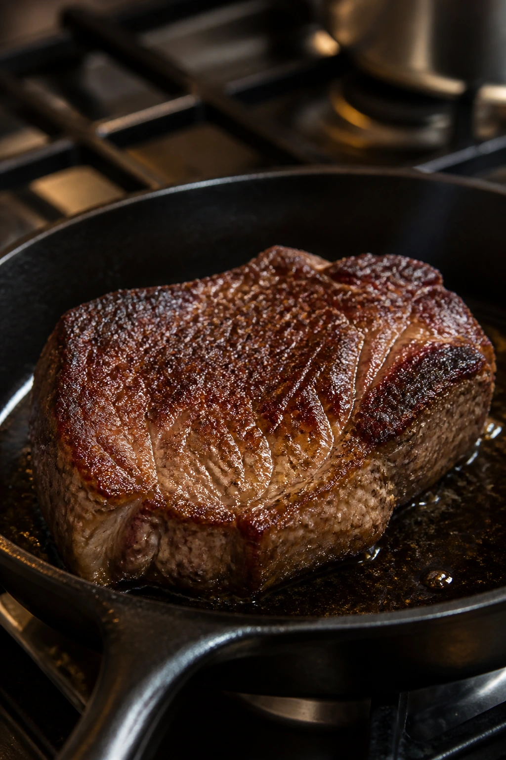 Searing beef chuck roast with crust forming in pan