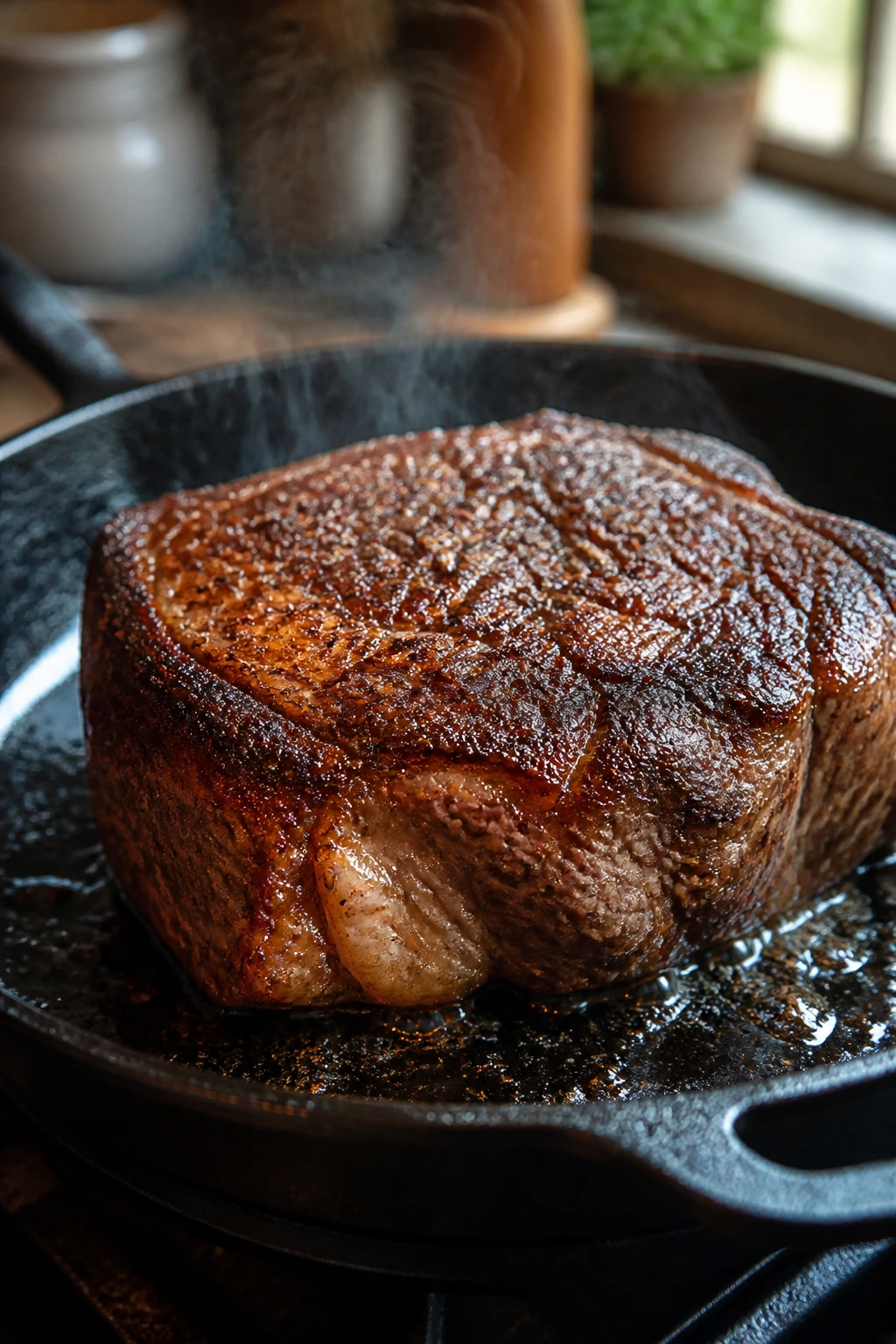 Close-up of chuck roast browning in cast-iron skillet