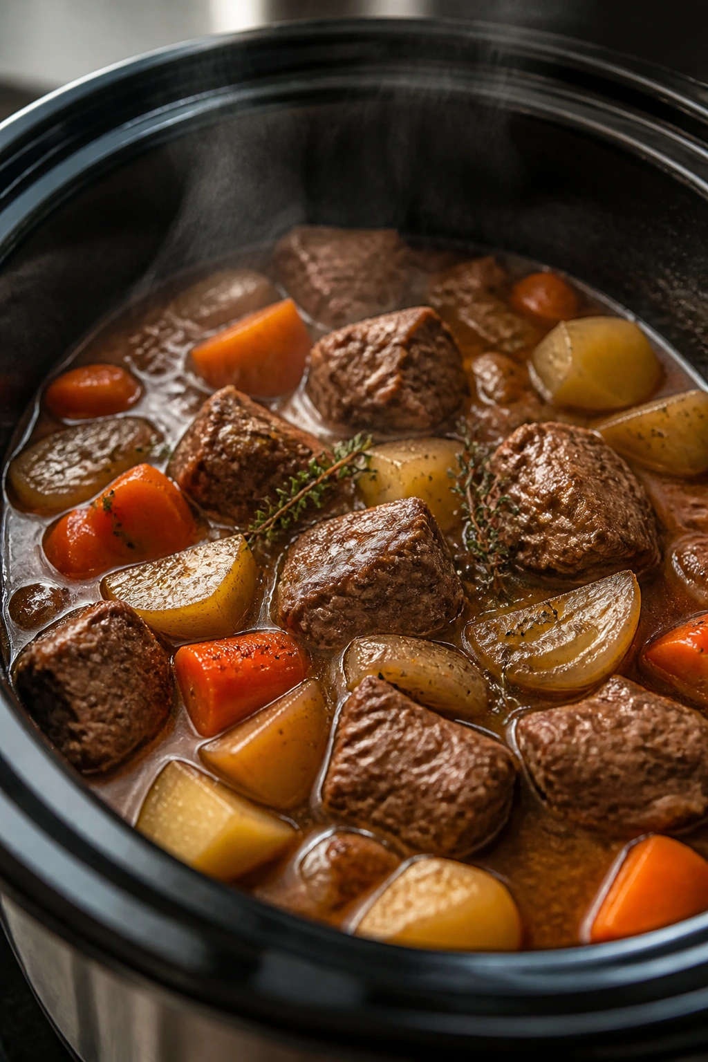 Beef chuck roast cubes with potatoes and carrots visible in slow cooker broth.