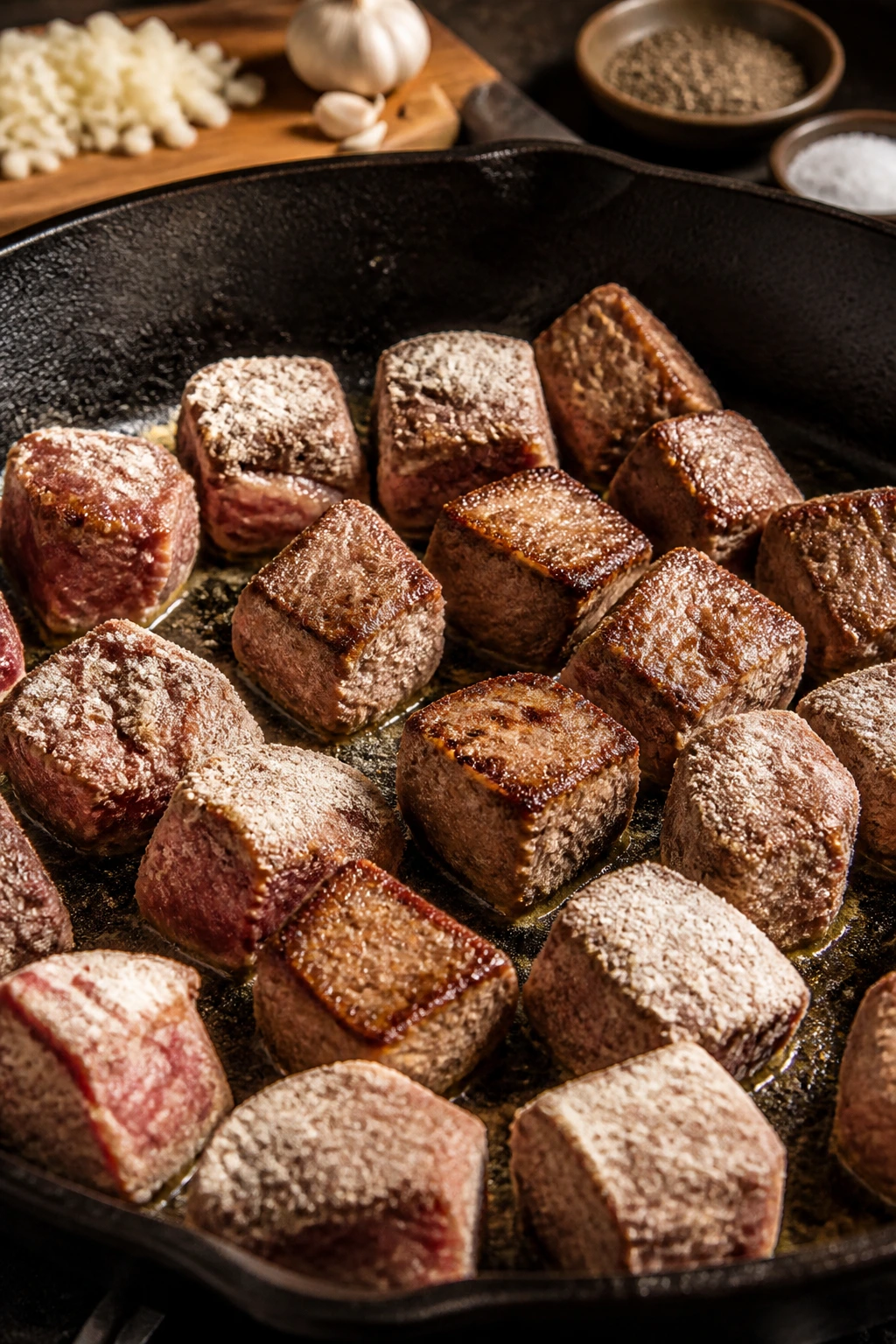 Beef cubes with flour coating browning in a skillet
