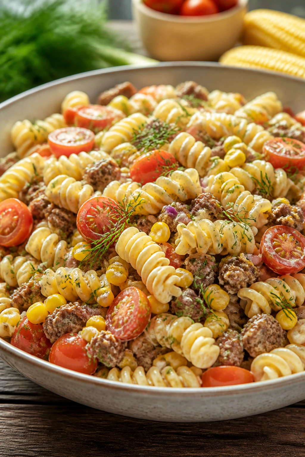 Close-up Beef and Corn Pasta Salad with rotini, corn, beef, and dill