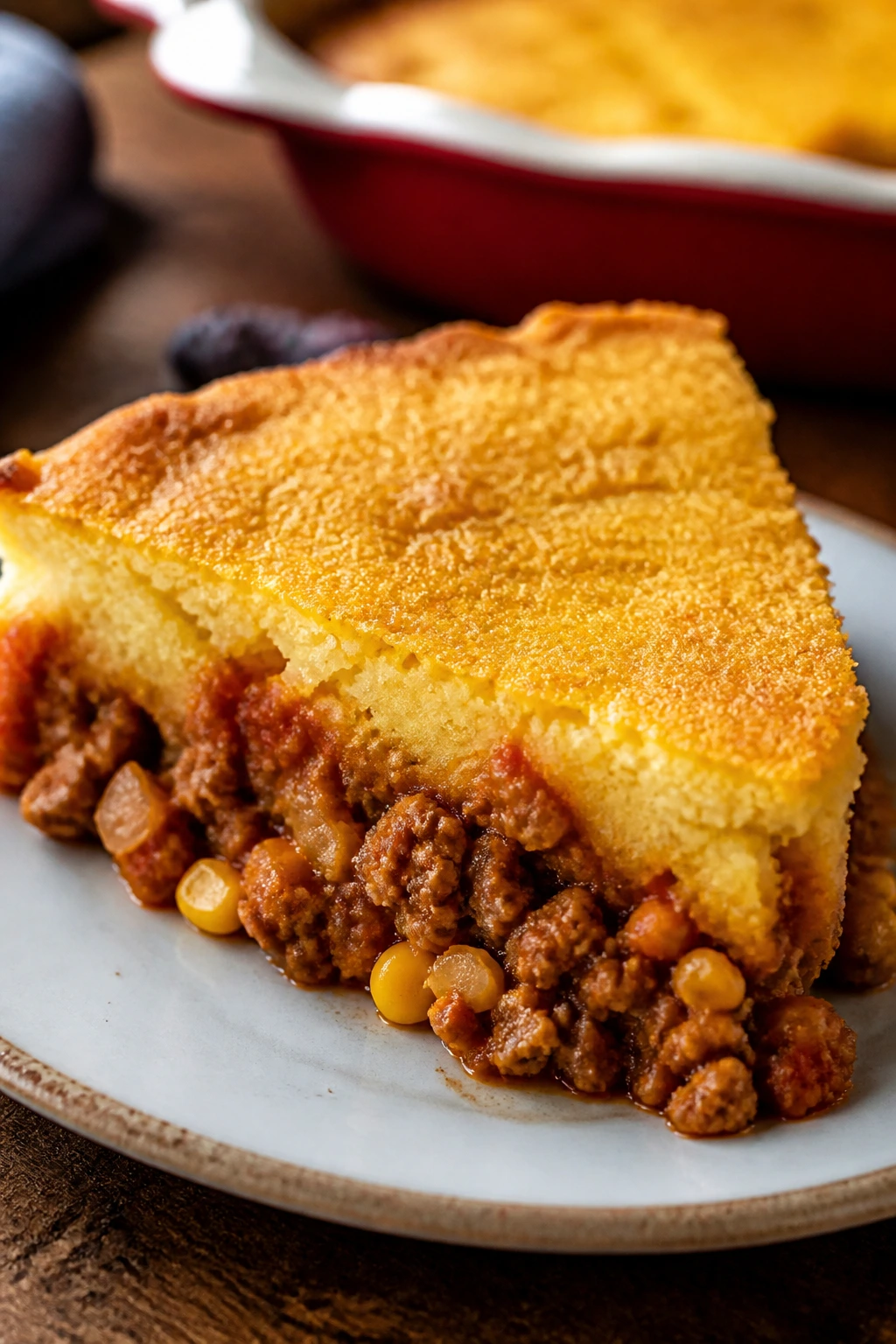 Golden-topped tamale pie slice with beef filling