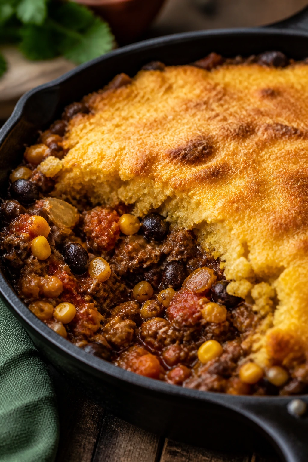 Skillet of Mexican beef with cornbread topping
