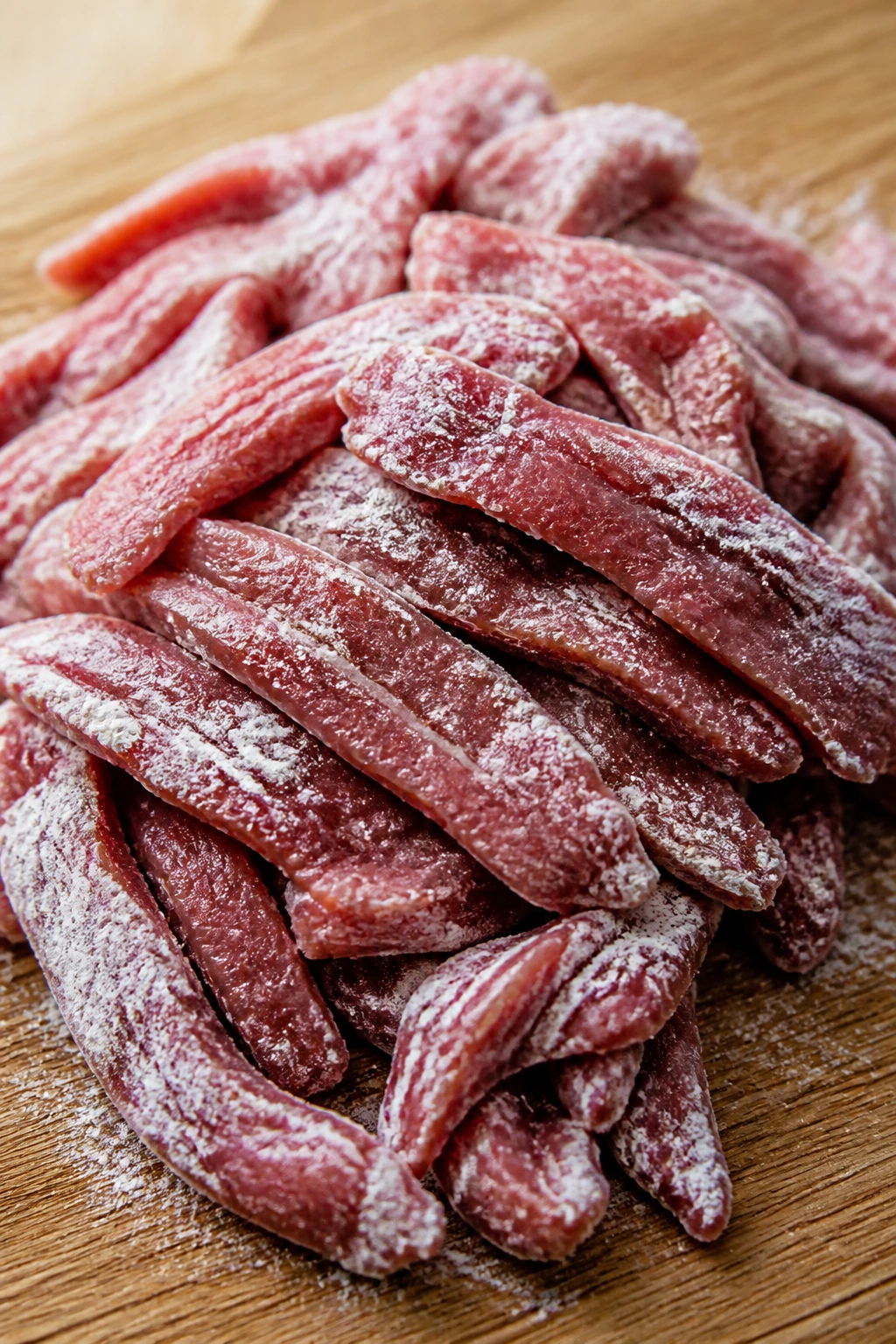 Beef slices dusted with cornstarch on a cutting board
