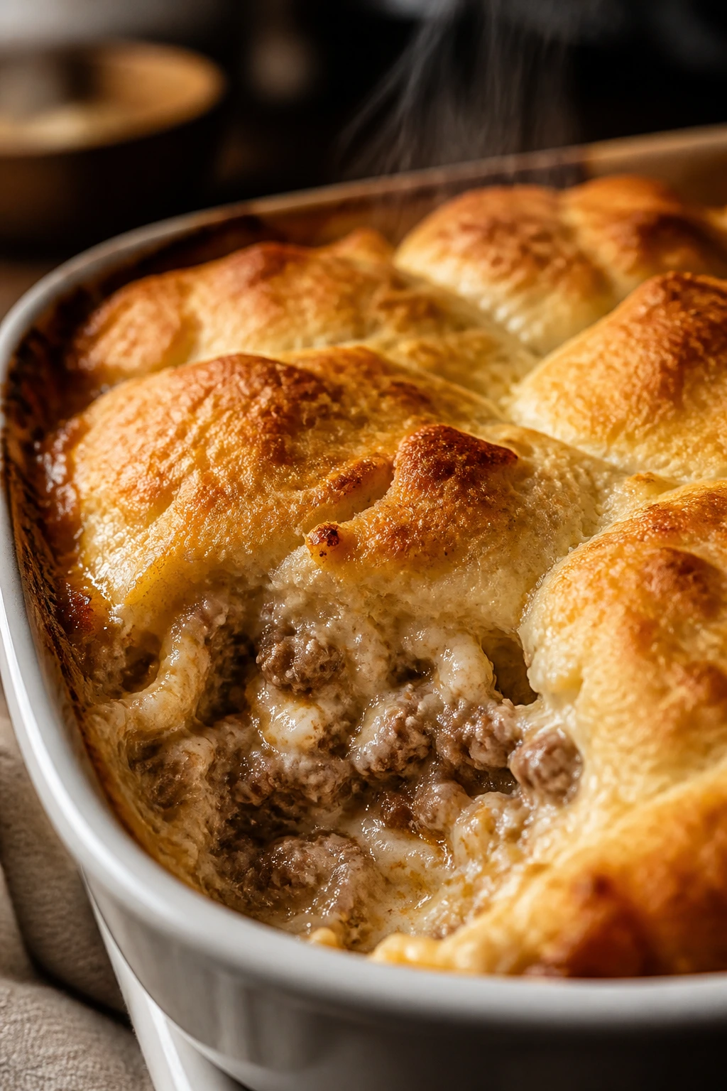 Close-up of biscuit-topped beef and cottage cheese bake with golden crust