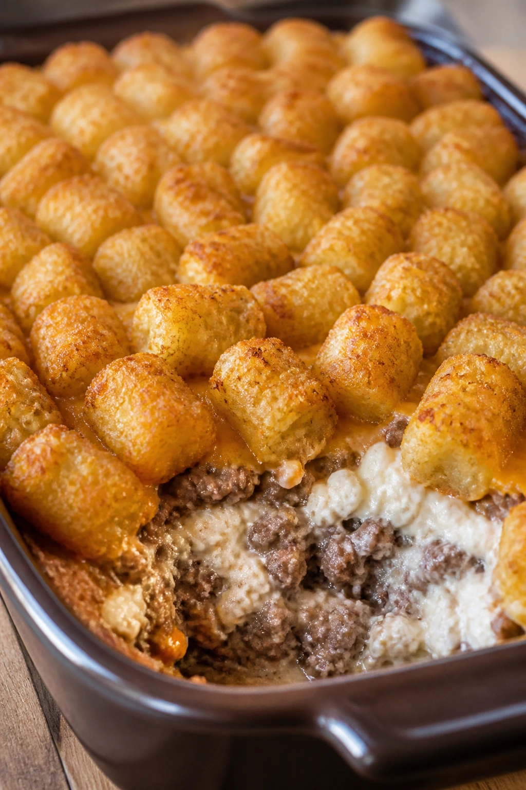 Tater tot beef and cottage cheese bake in pan