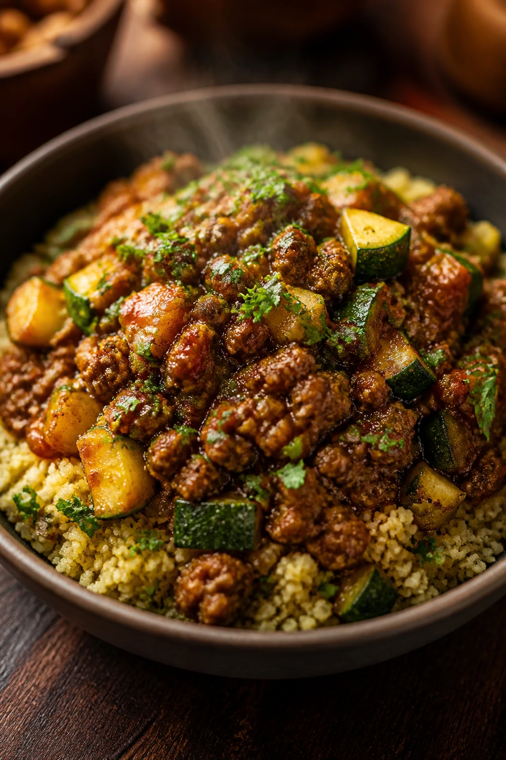 Close-up of Moroccan-spiced beef with couscous, zucchini and parsley in a bowl