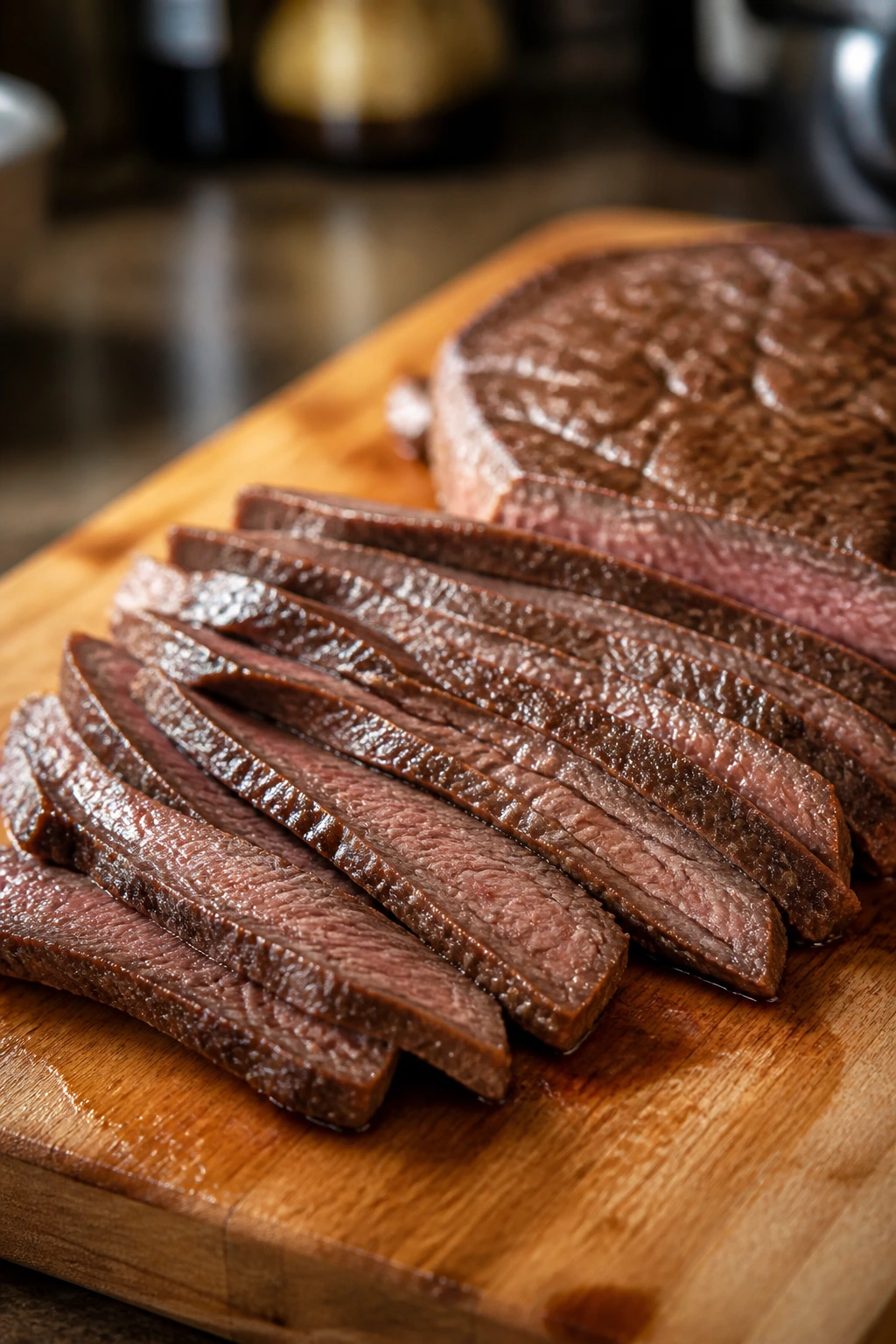 Thin beef slices cut across the grain on a cutting board