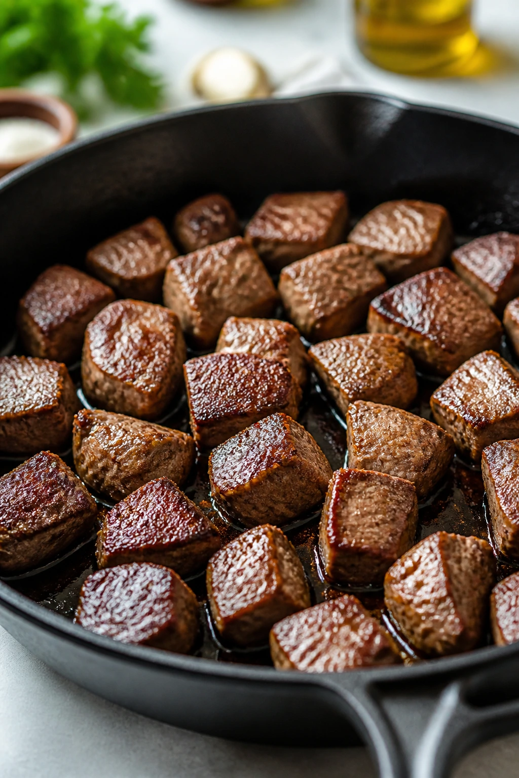 Browned beef cubes with a deep crust in a hot skillet