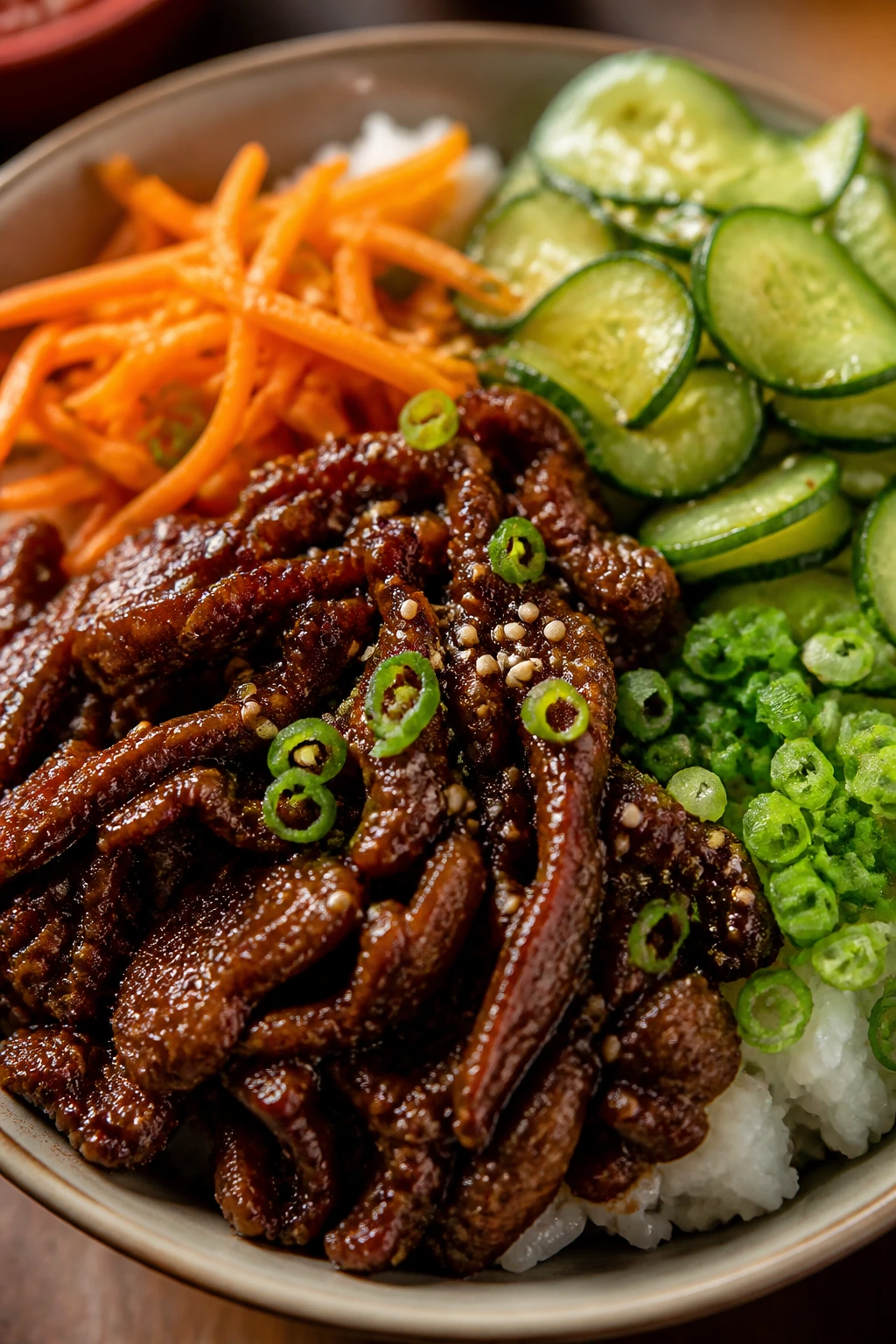 Close-up of Korean beef bowl ingredients including beef, cucumber, carrot, scallions