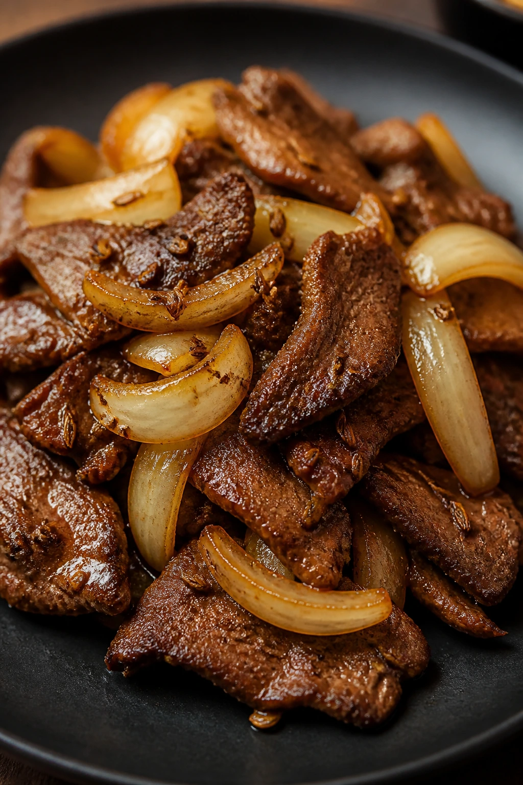 Beef with cumin and onion in a skillet scene