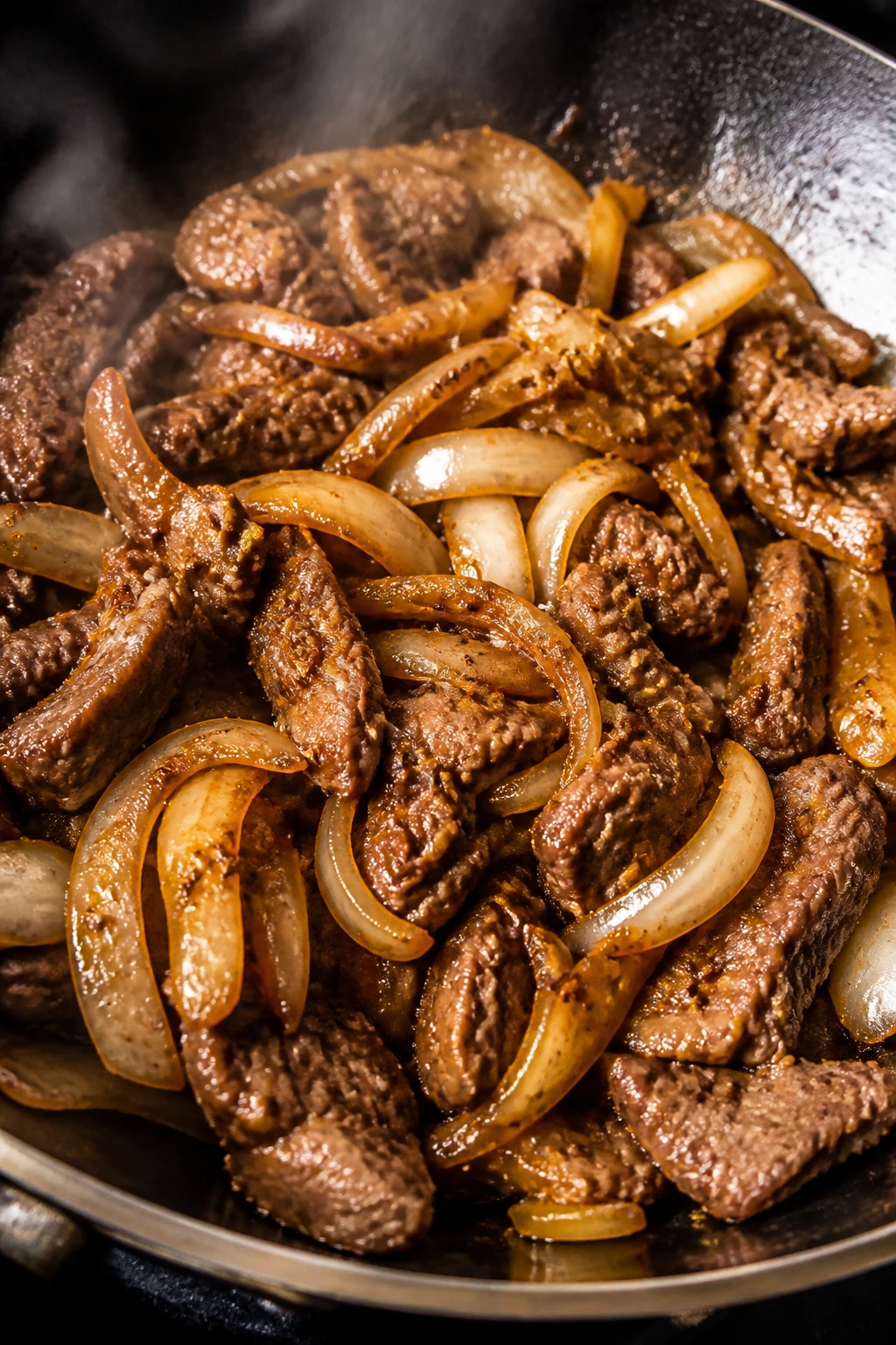 Beef with cumin and onions in a sizzling pan