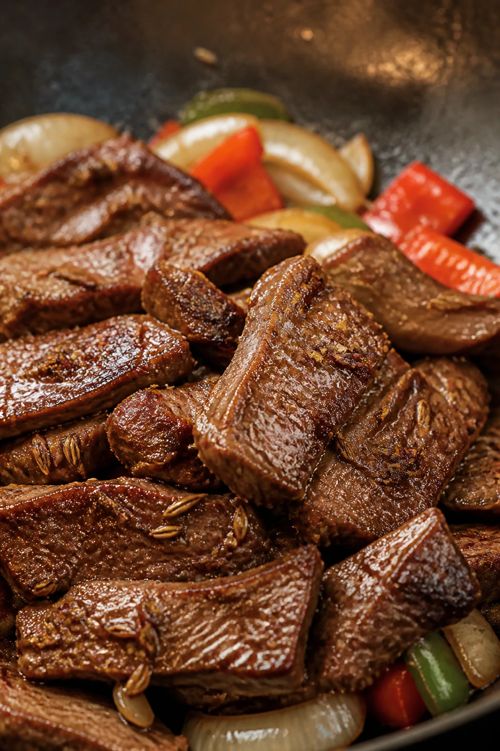 Seared beef with cumin and peppers in a hot pan