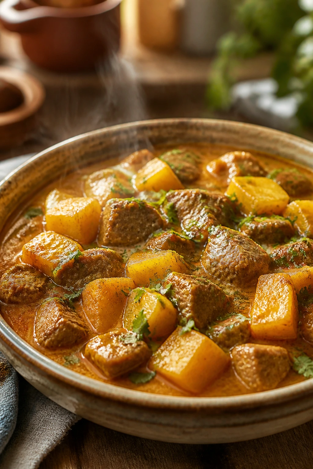 Beef and potatoes in orange curry sauce in a bowl