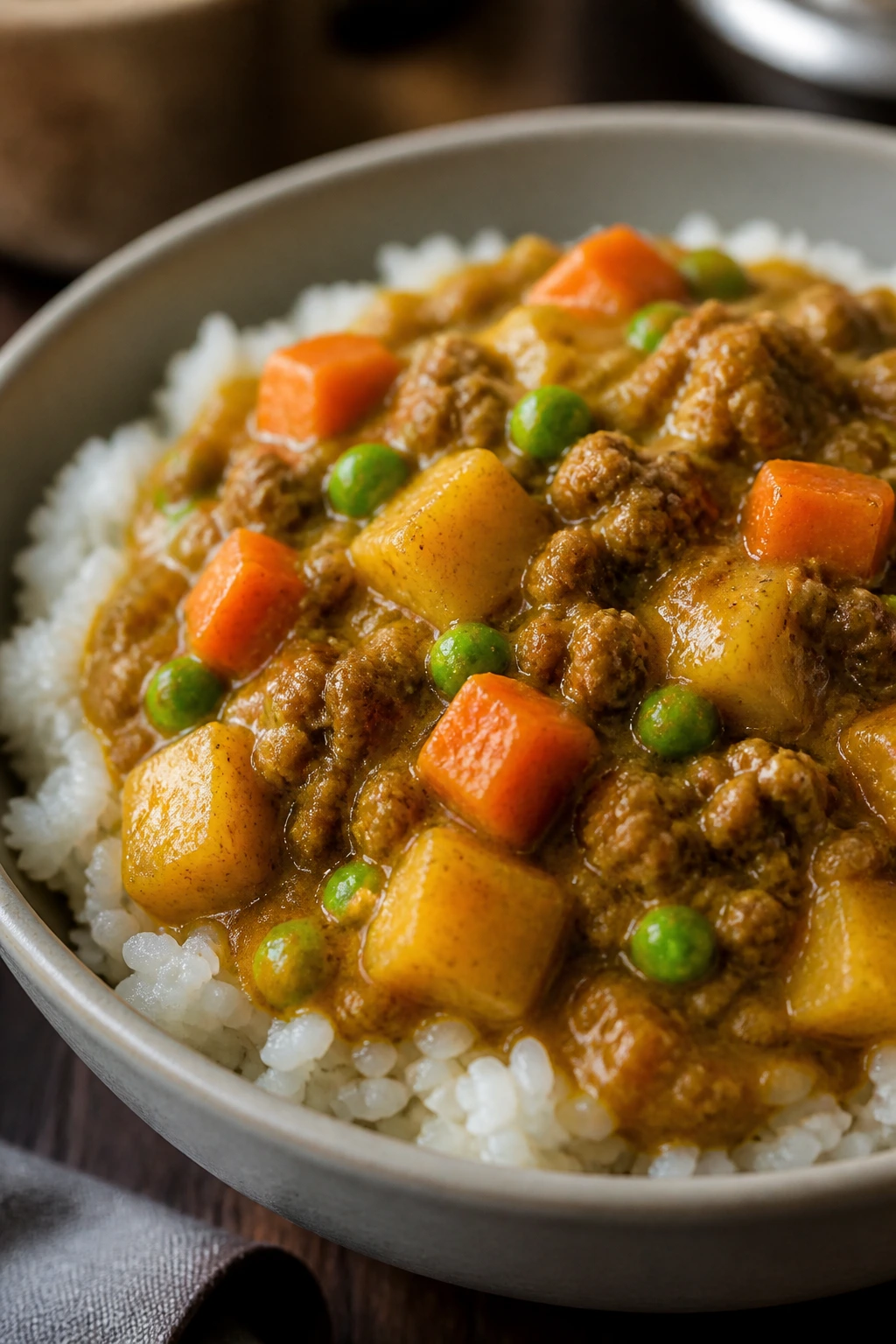Beef curry with potatoes over rice in a cozy kitchen