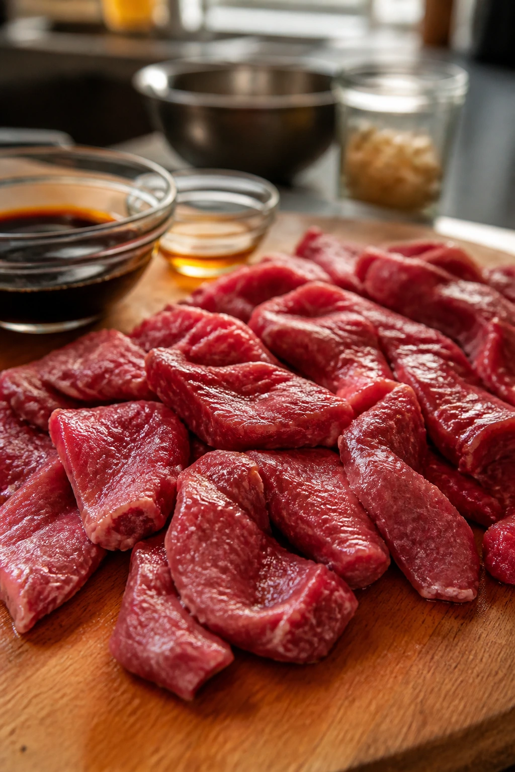 Close-up of thin raw steak strips on a cutting board with soy sauce and sesame oil in a kitchen prep setting