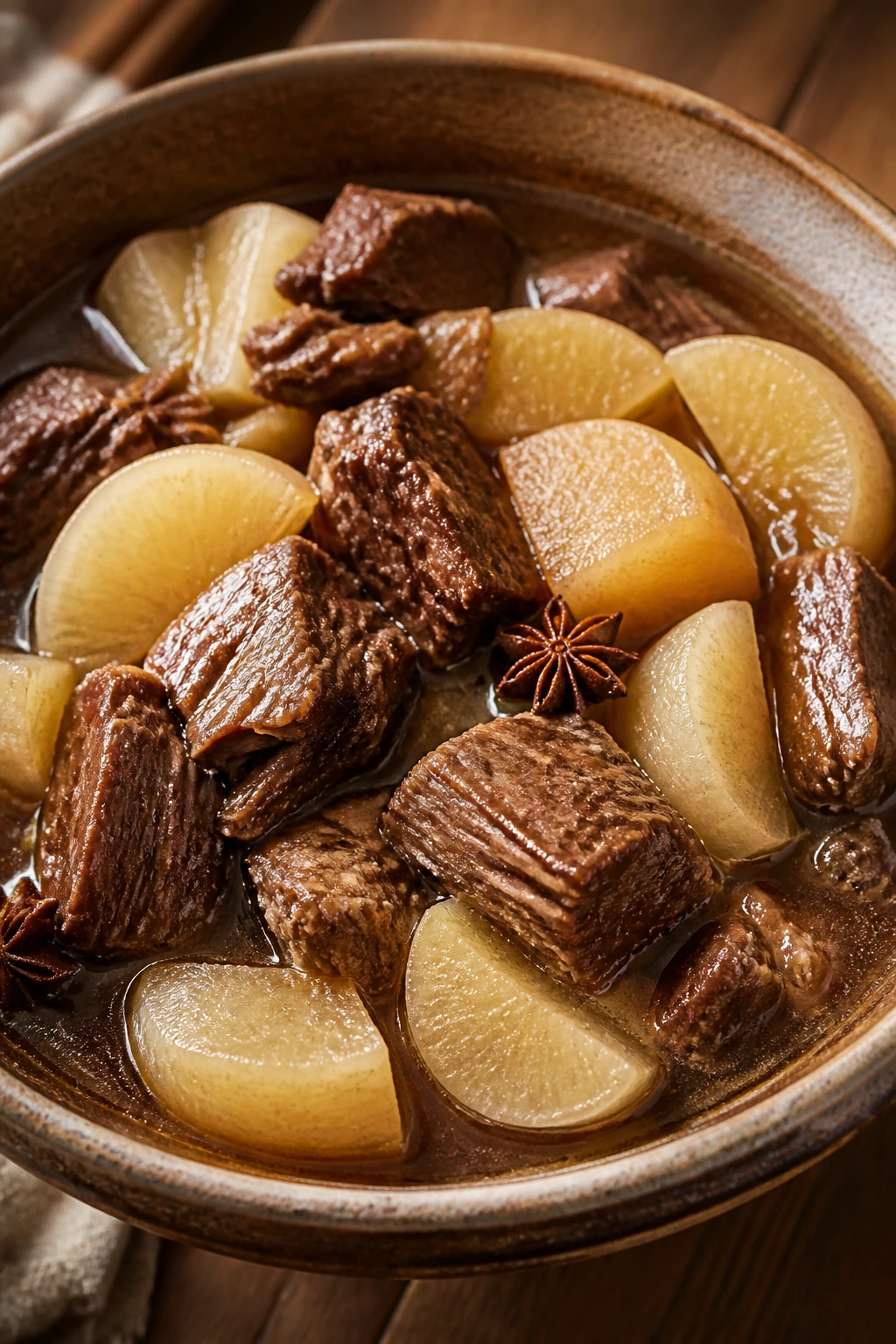 Beef and daikon stew in a bowl with beef chunks and daikon