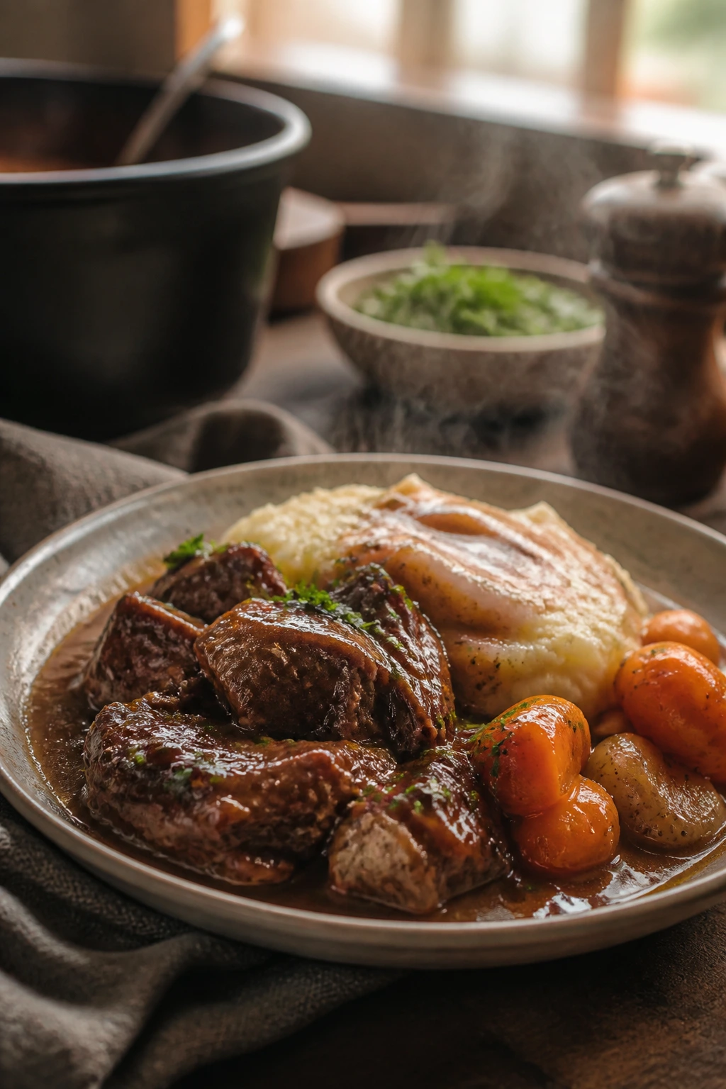 Close-up of beef dinner plate with braised beef, gravy and mashed potatoes