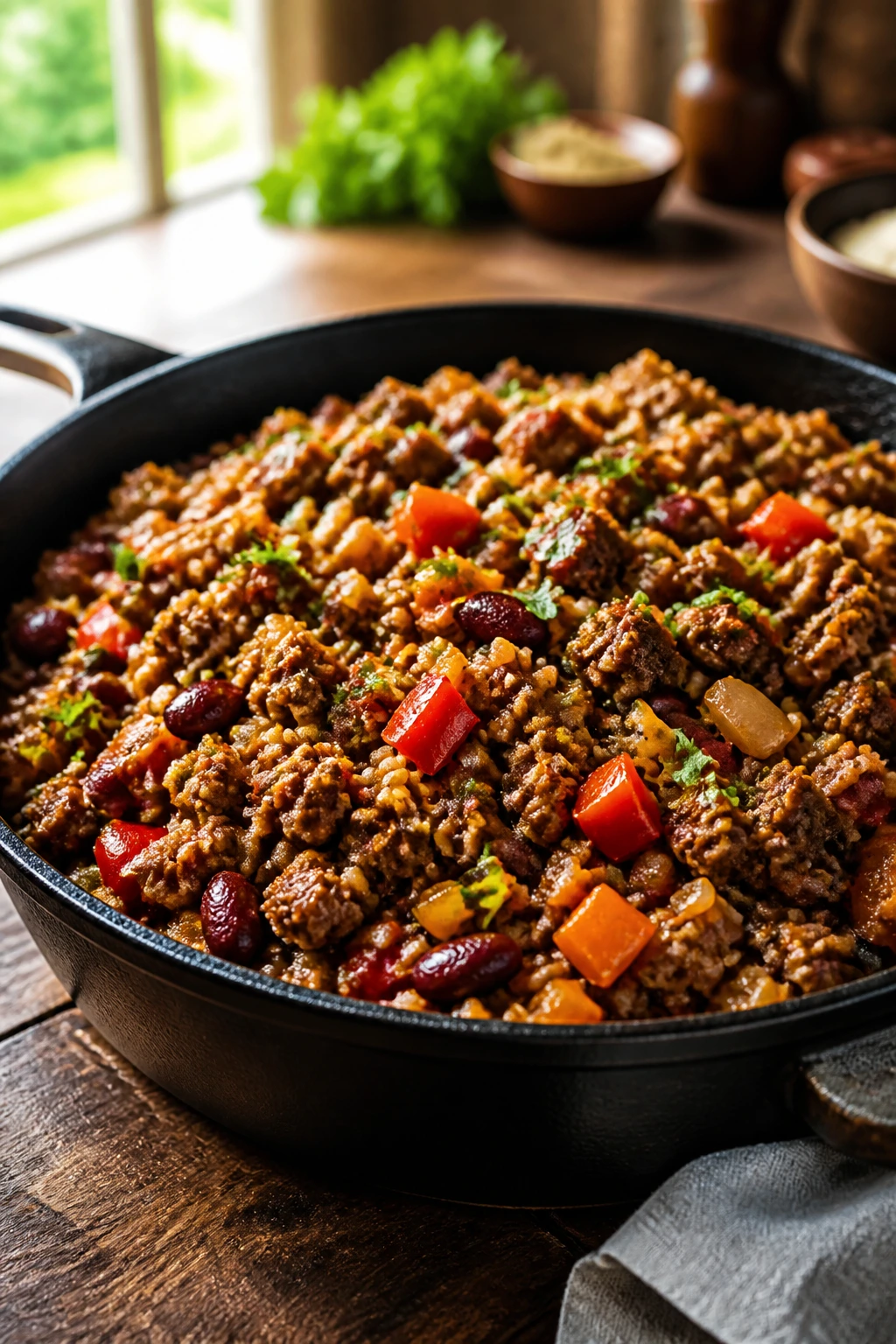Close-up of a skillet beef dish with beans and grains in a warm kitchen