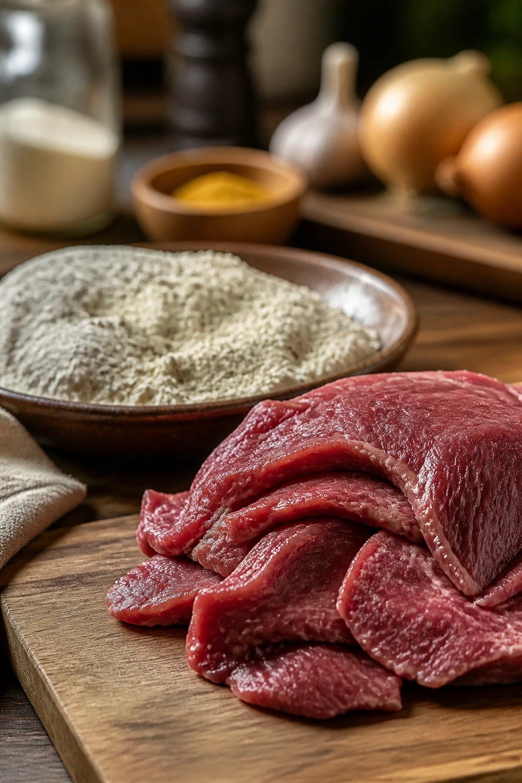Beef and dredge ingredients on prep surface
