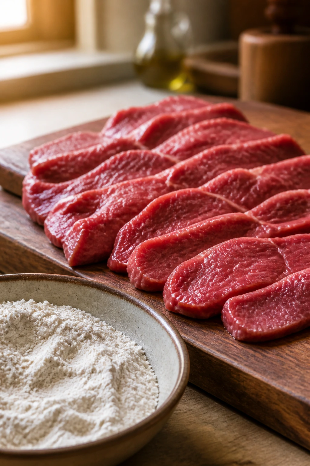 Beef strips ready for dredging on a prep board
