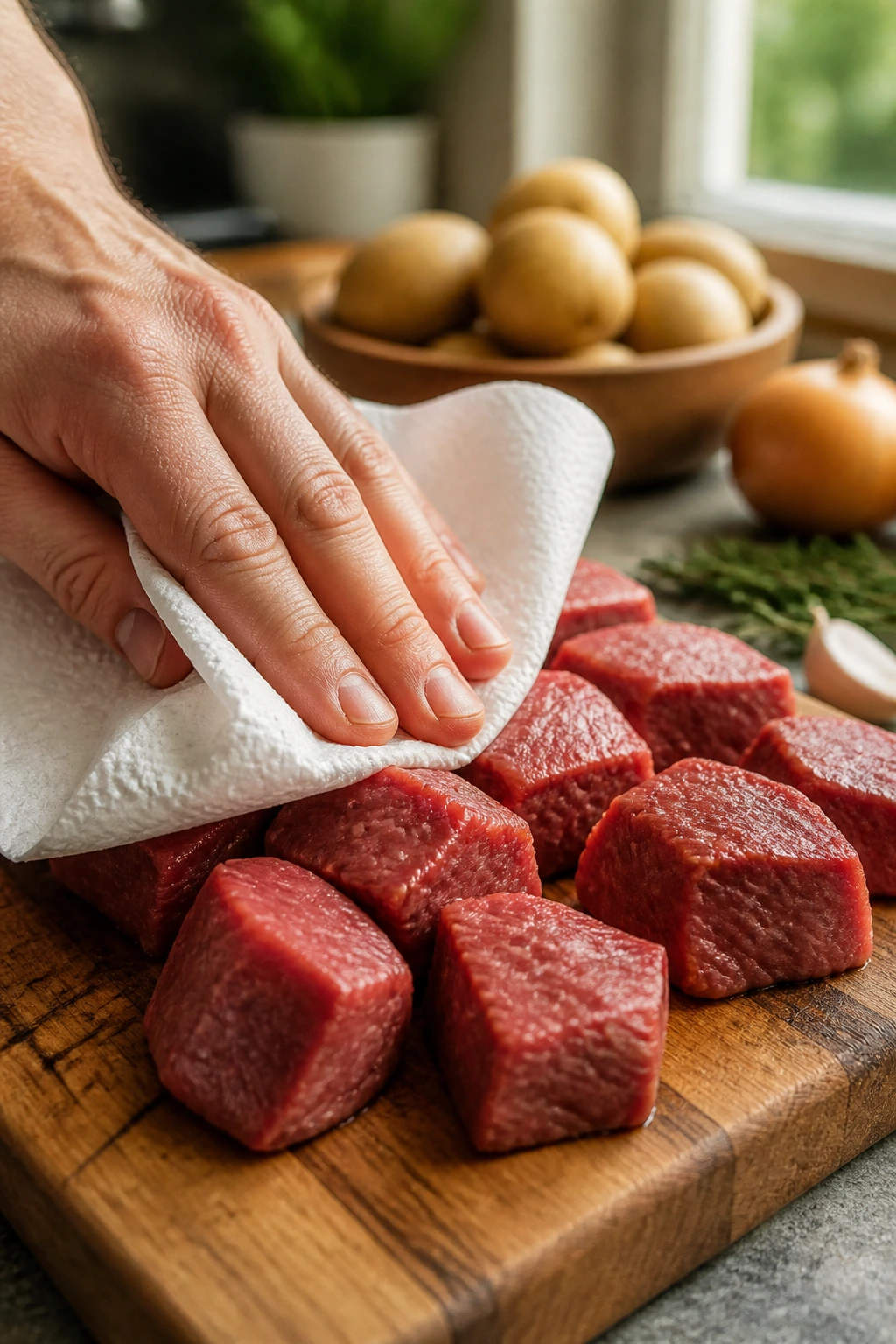 Beef cubes dried with paper towels before braising