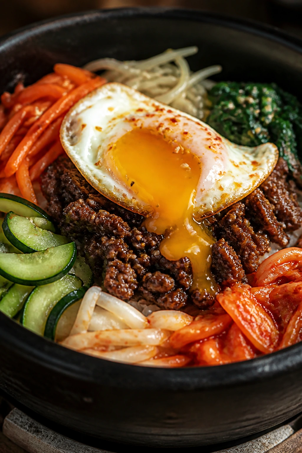 Center of bibimbap with beef and egg atop vegetables