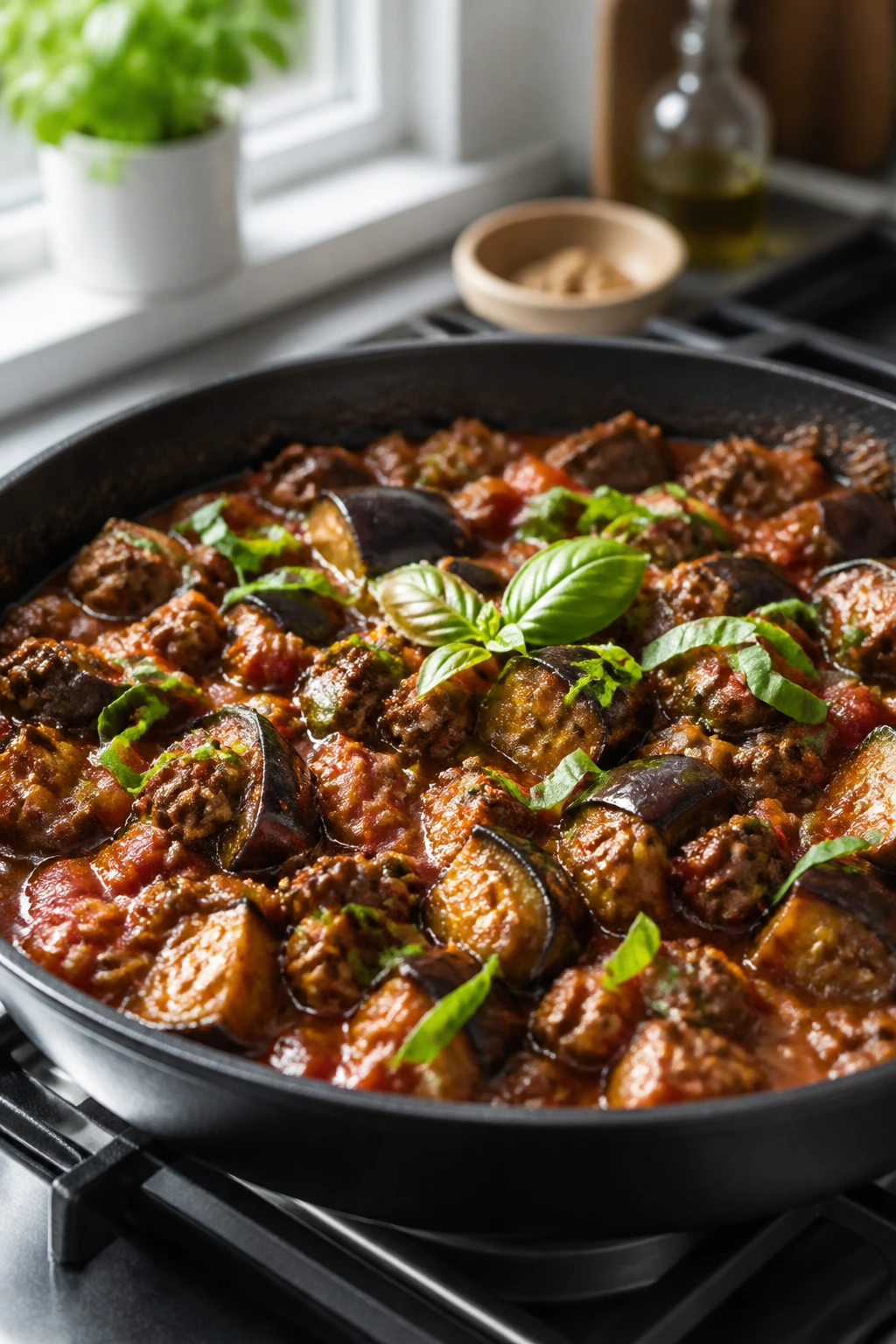 Beef and eggplant skillet with tomato sauce and fresh basil
