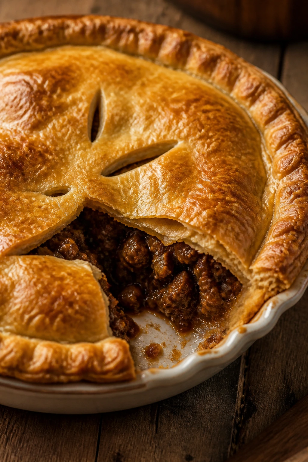 Beef Empanada Pie with golden crust in a pie dish