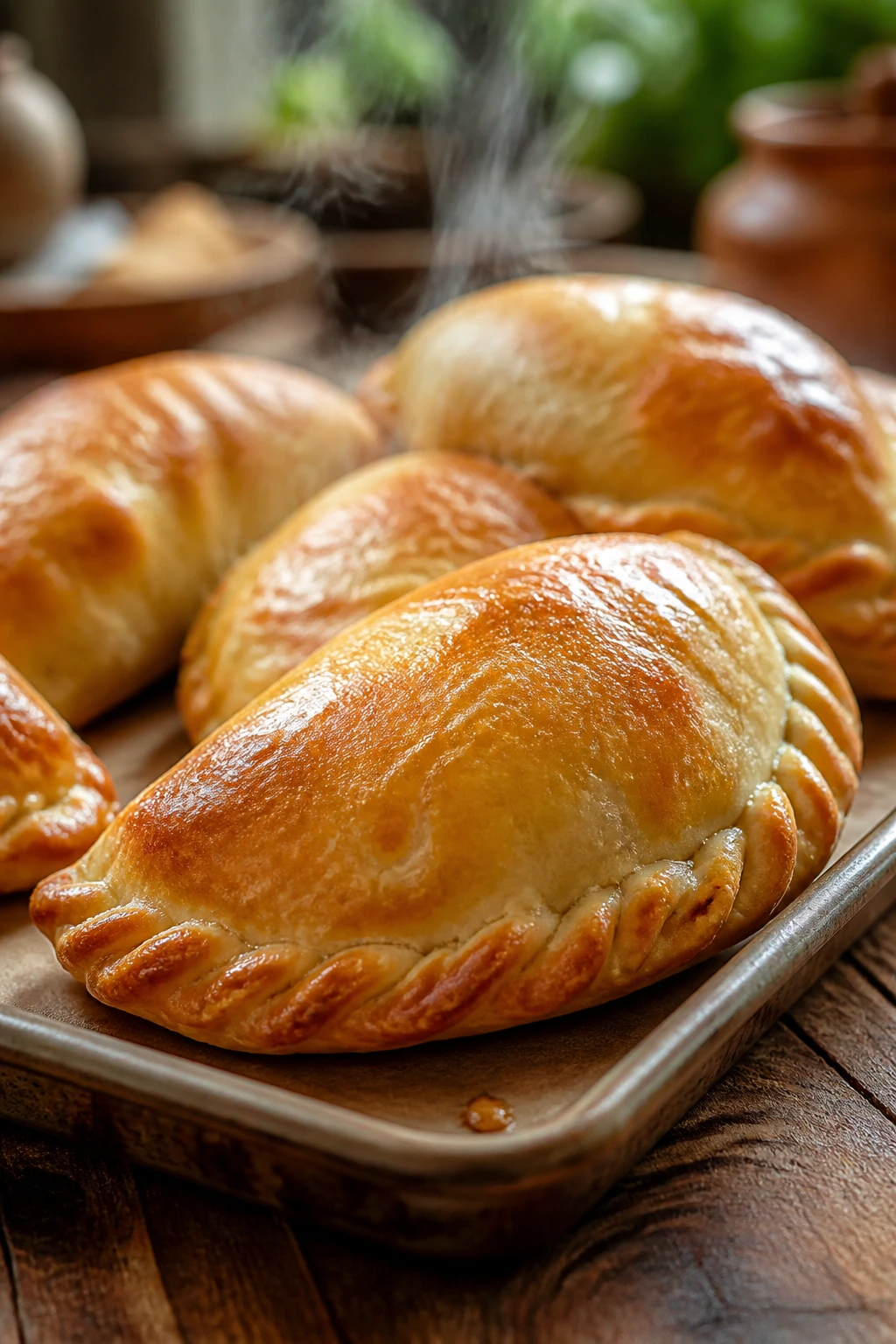 Close-up of beef and cheese empanadas on a baking sheet in a warm kitchen