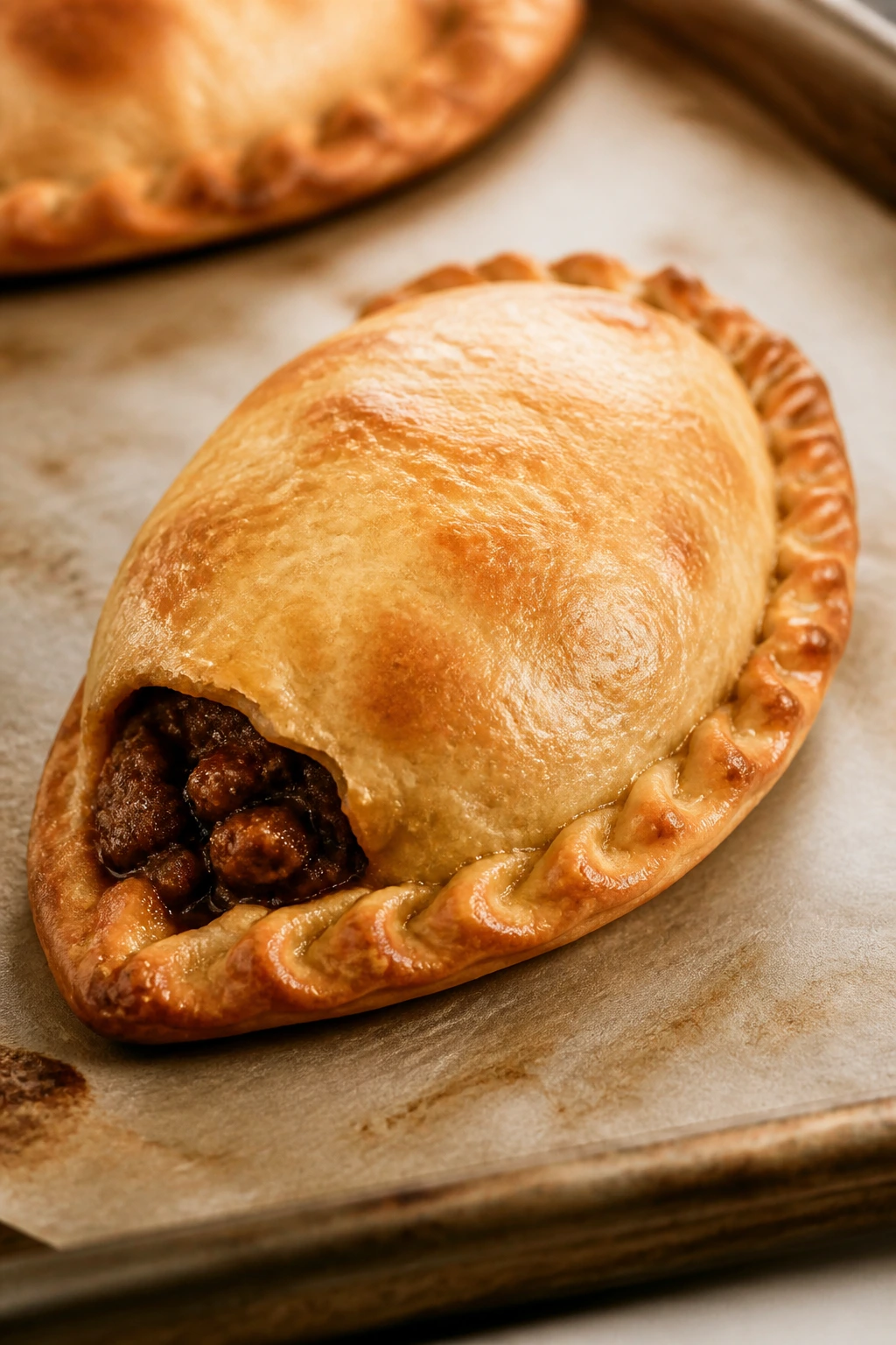 Empanada with crimped edge on parchment in warm kitchen