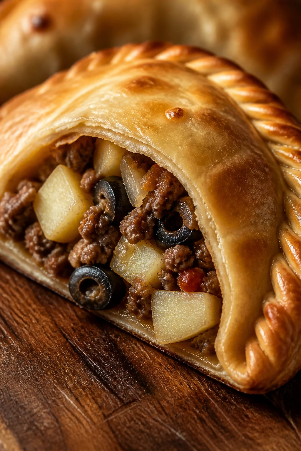 Beef, potato, and olive empanada on wooden board