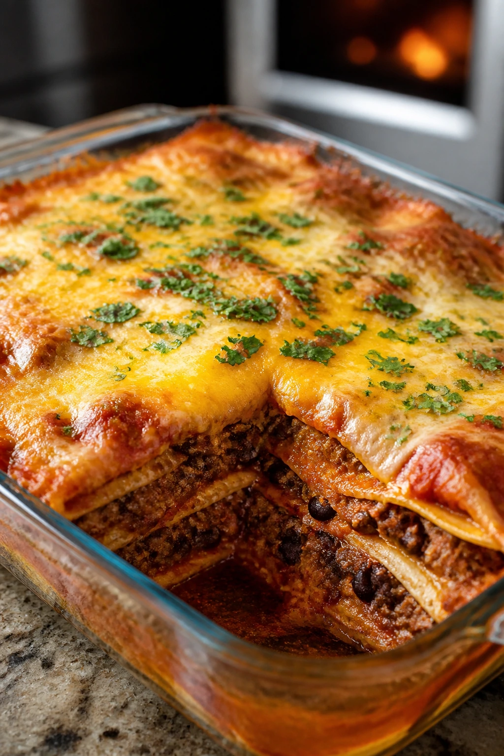 Layered beef and bean enchilada bake in a baking dish
