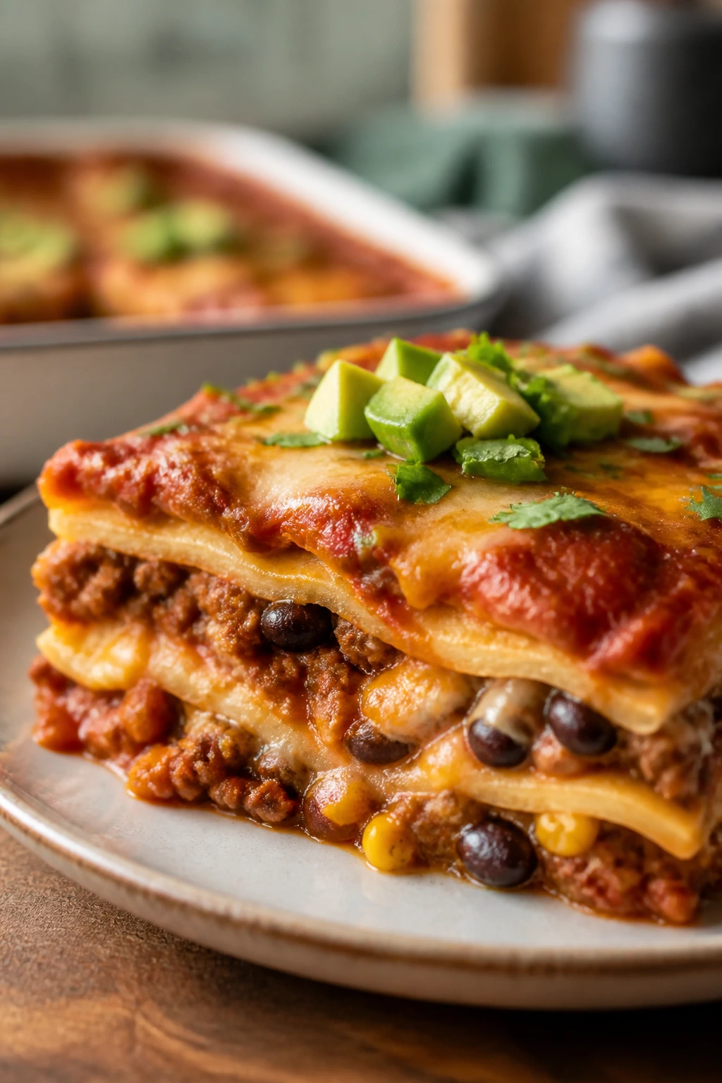 Slice of enchilada casserole with beef beans cheese
