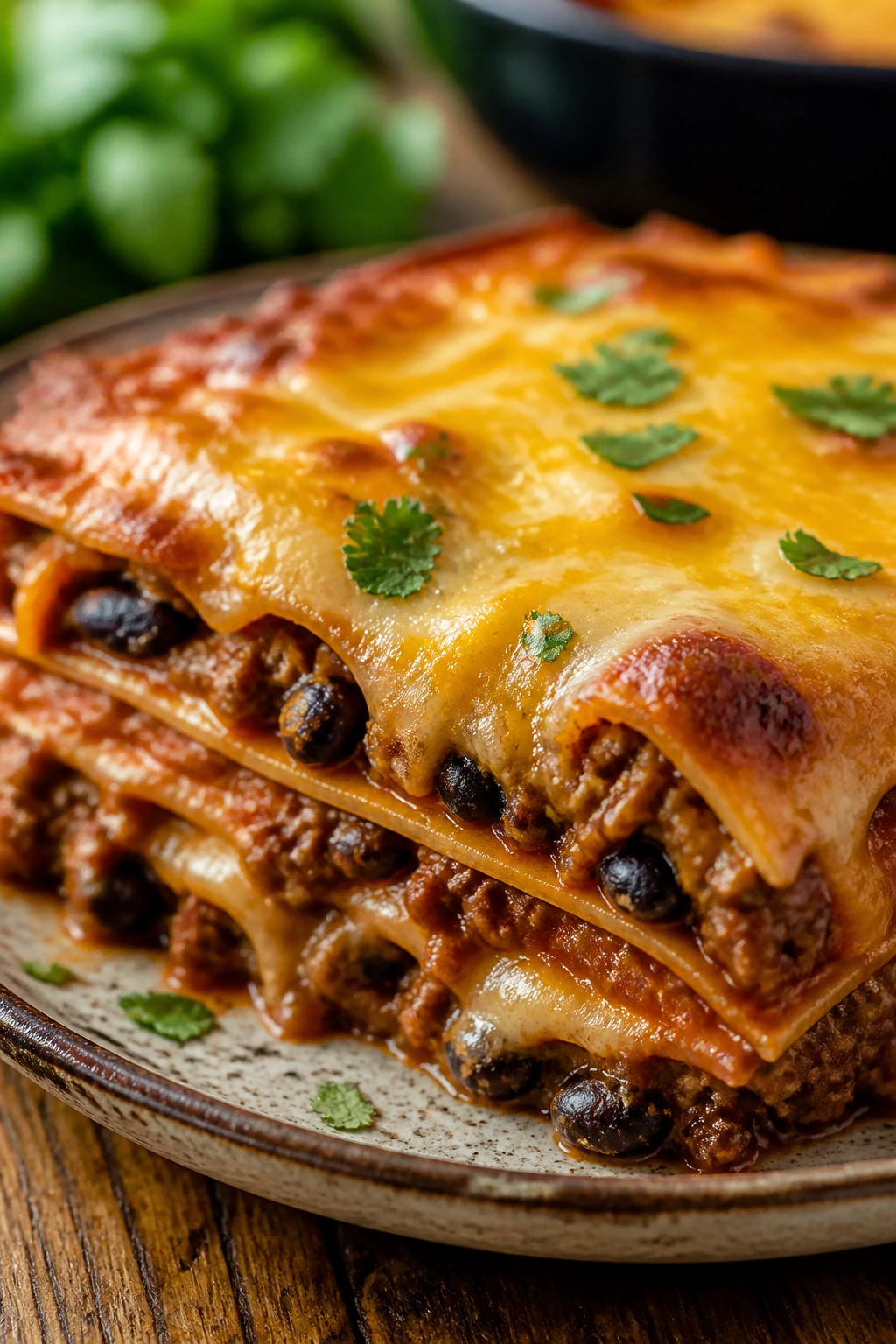 Slice of beef enchilada casserole on plate