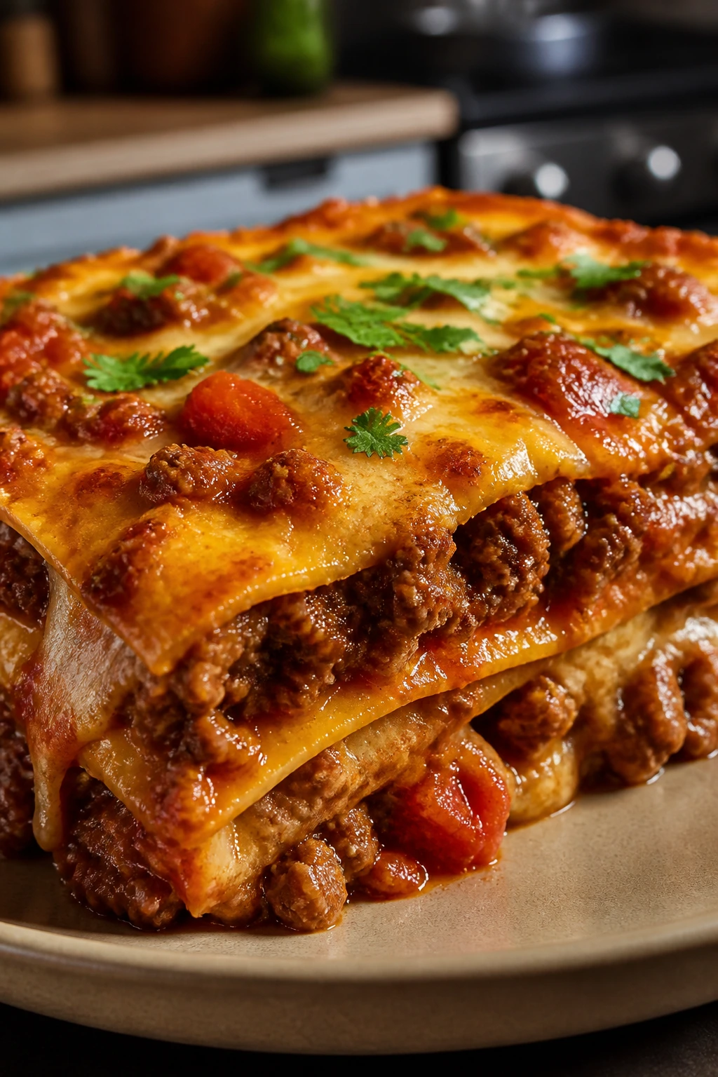 Slice of beef enchilada casserole on plate