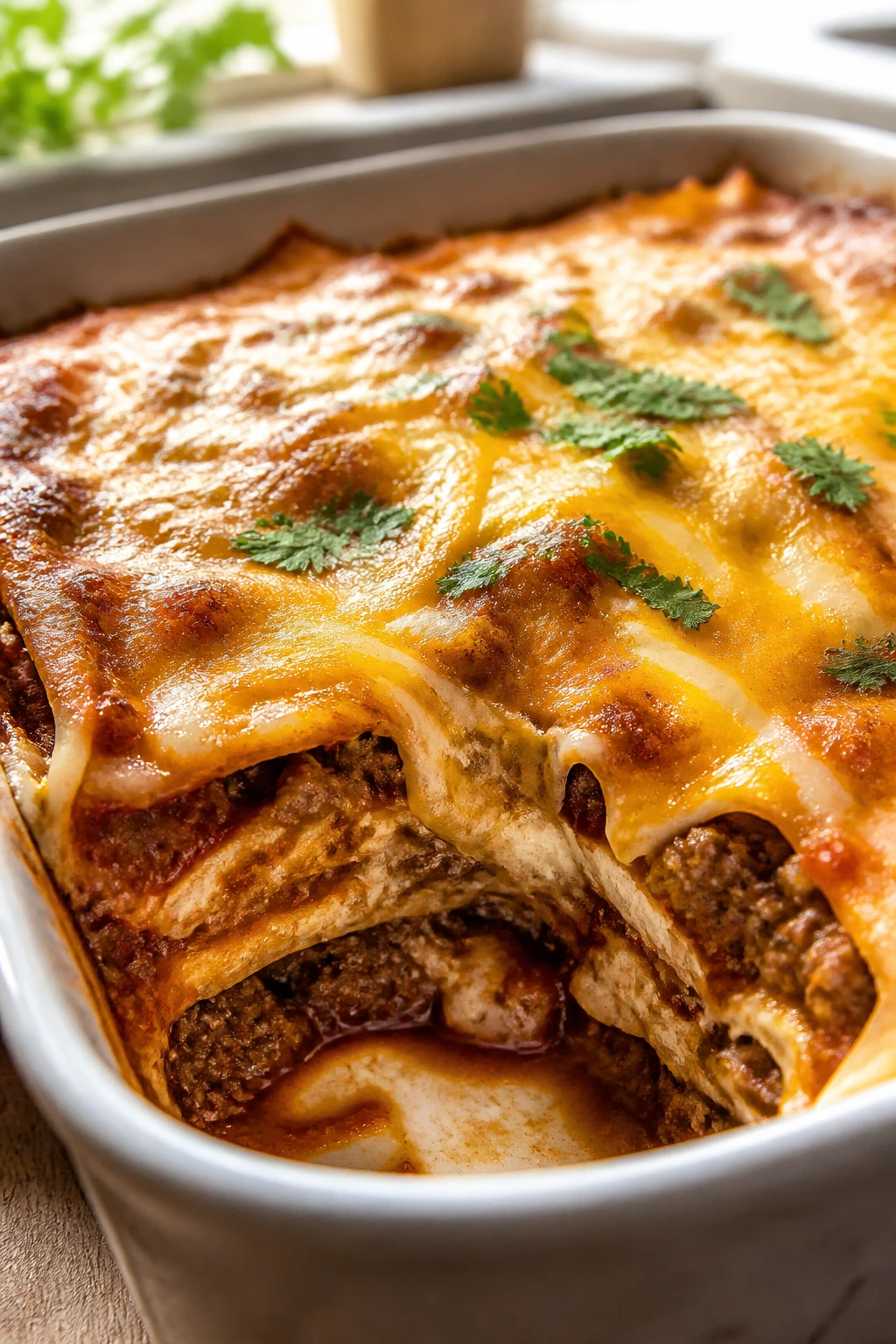 Close-up of layered beef enchilada casserole with cheese on top