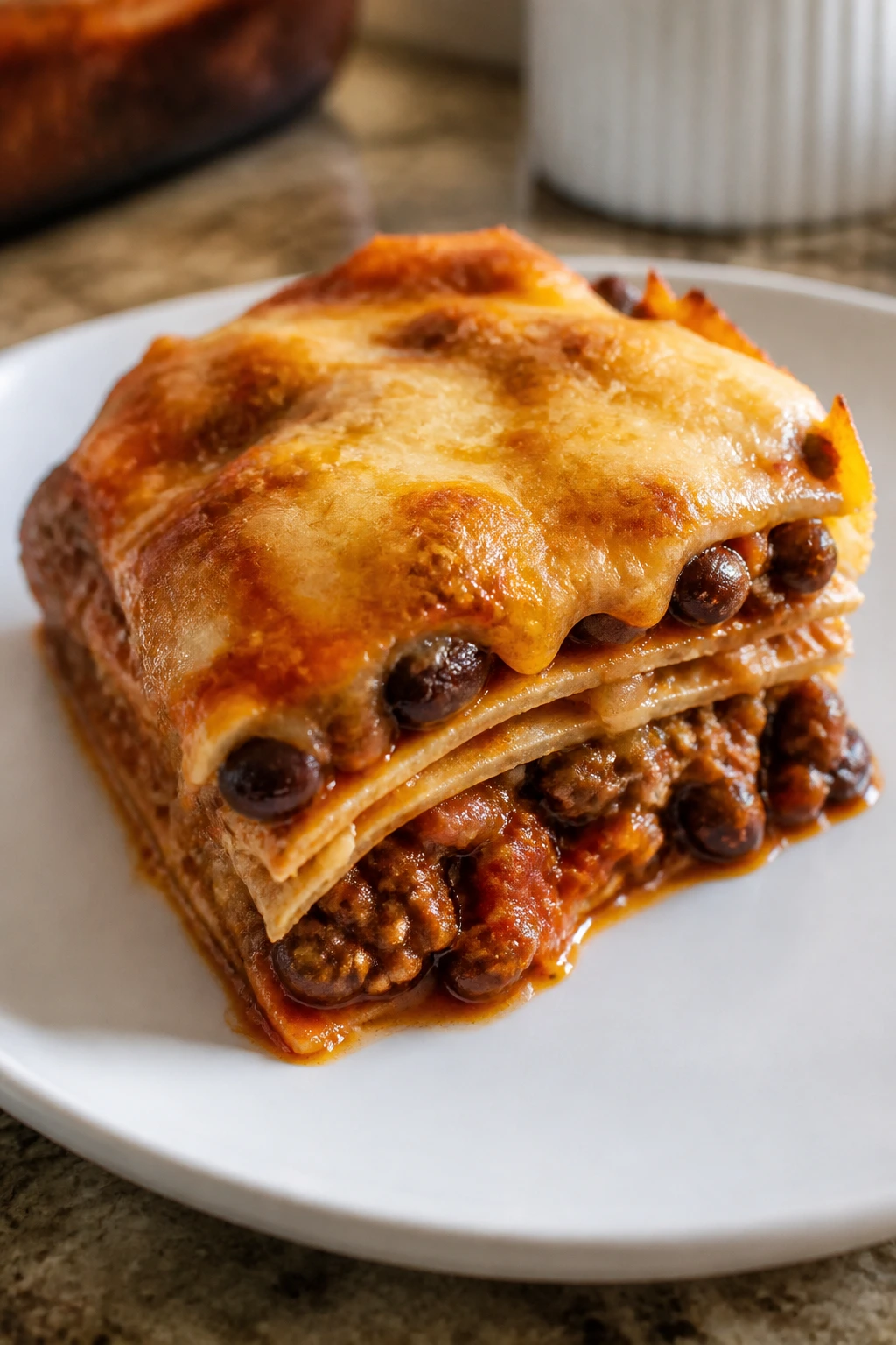 Slice of beef and bean enchilada casserole on plate
