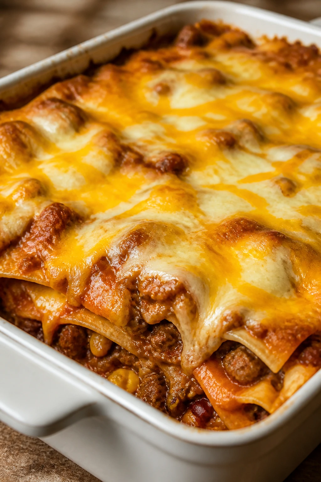 Layered beef enchilada casserole with melted cheese in a baking dish.