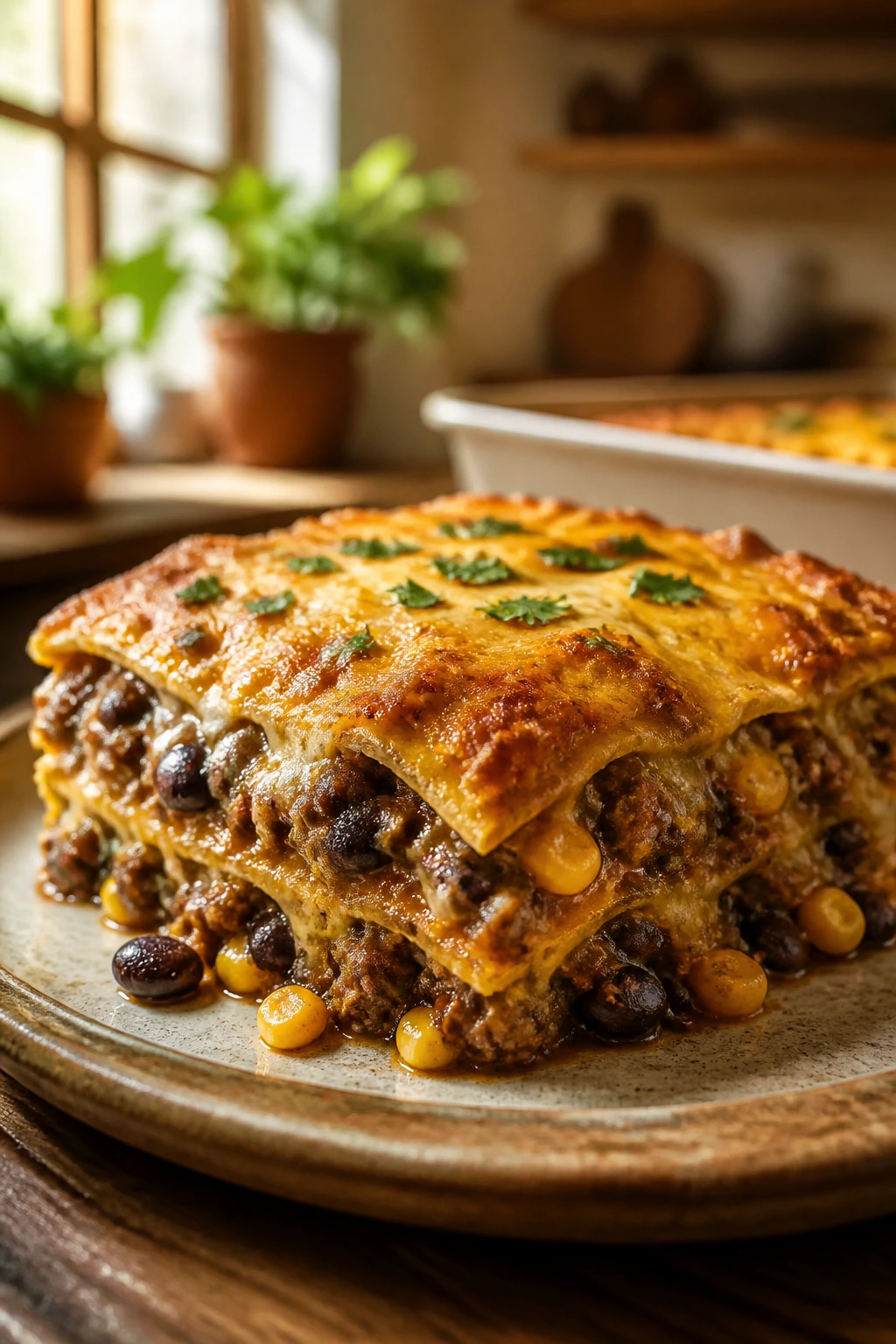 Close-up slice of beef enchilada casserole with corn tortillas