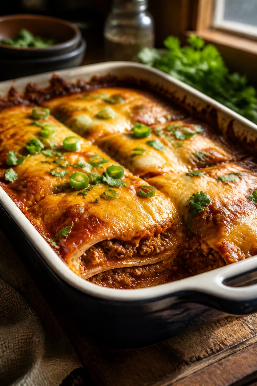 Close-up of layered beef enchilada casserole with tortillas and melted cheese