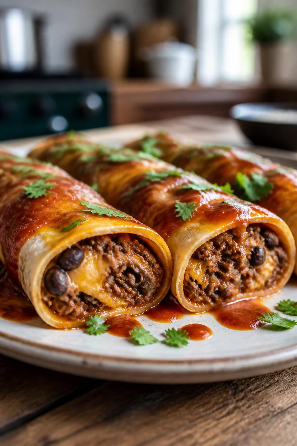 Cross-section of beef enchilada roll-ups on a plate