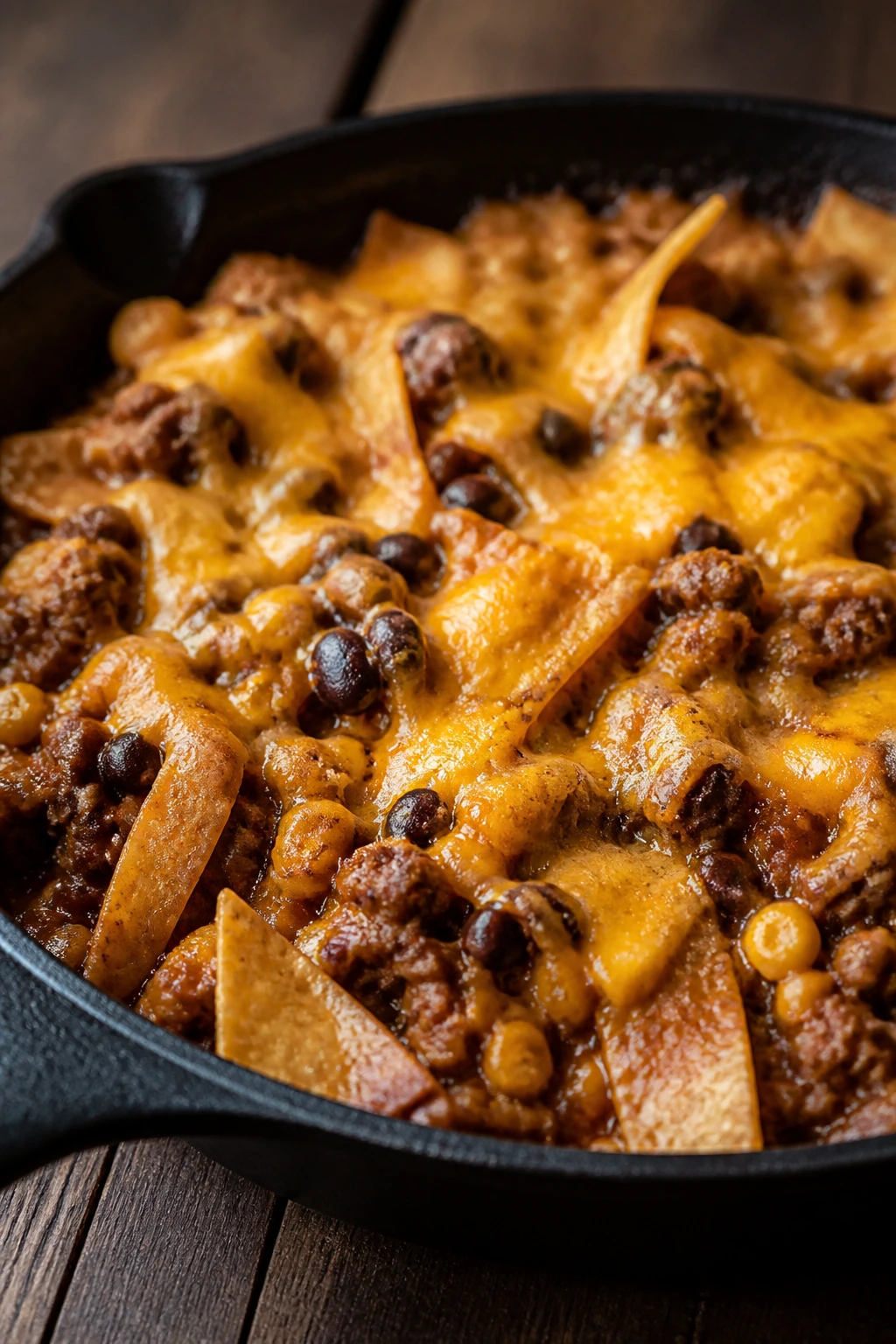 Close-up of beef and bean enchilada skillet with melted cheese