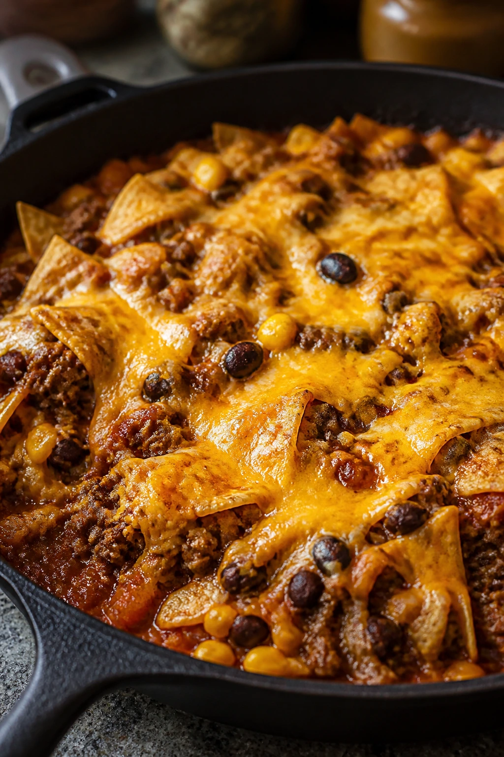 Close-up of beef enchilada skillet in cast iron with red sauce and melted cheese
